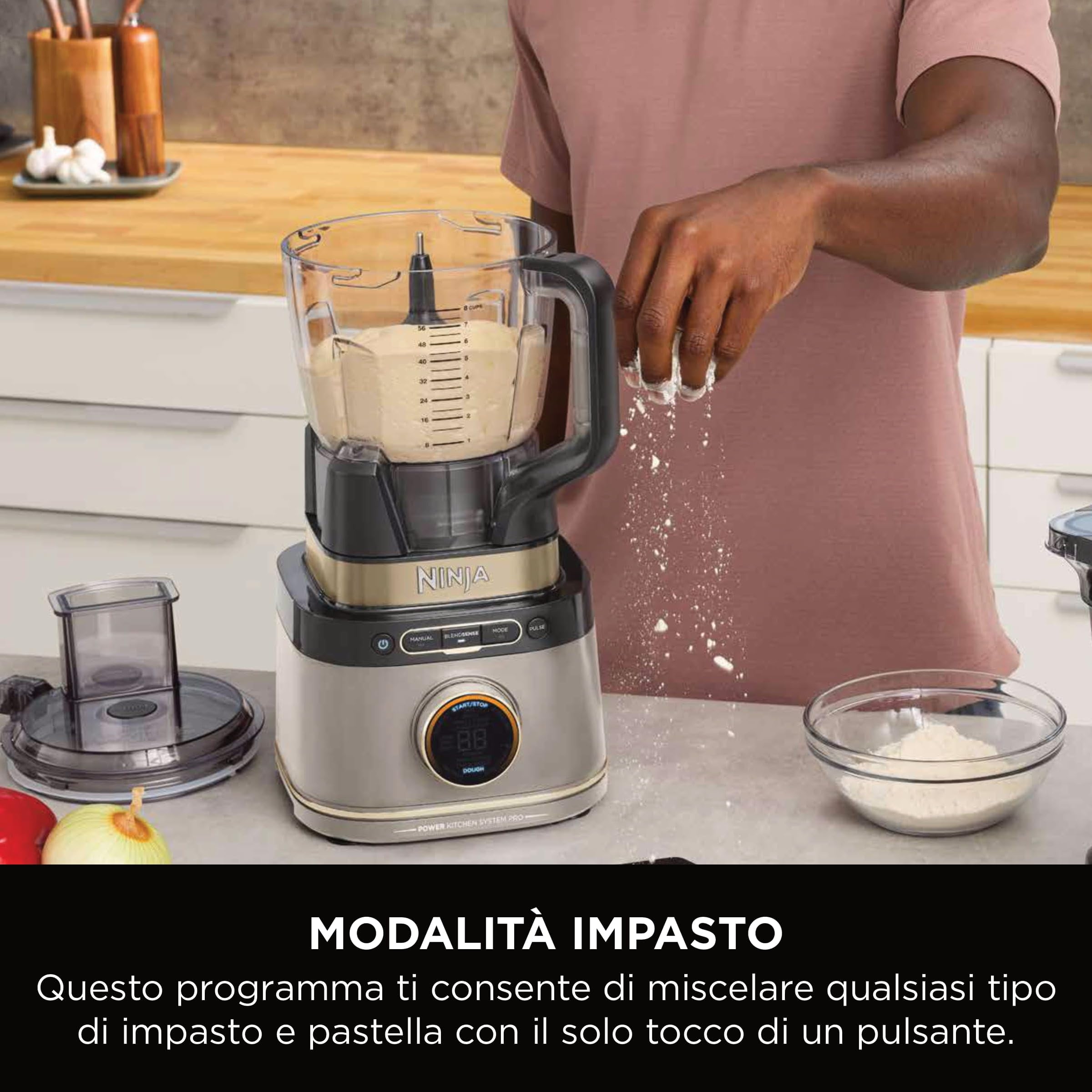 Ninja Frullatore Detect Power Processor Pro 3 in 1 1200W, Robot da Cucina, 3 Bicchieri Monoporzione, Caraffa da 2.1L, Lame per Impastare, Frullare, Tritare e Miscelare, Pietra oro, TB401EUSTGD