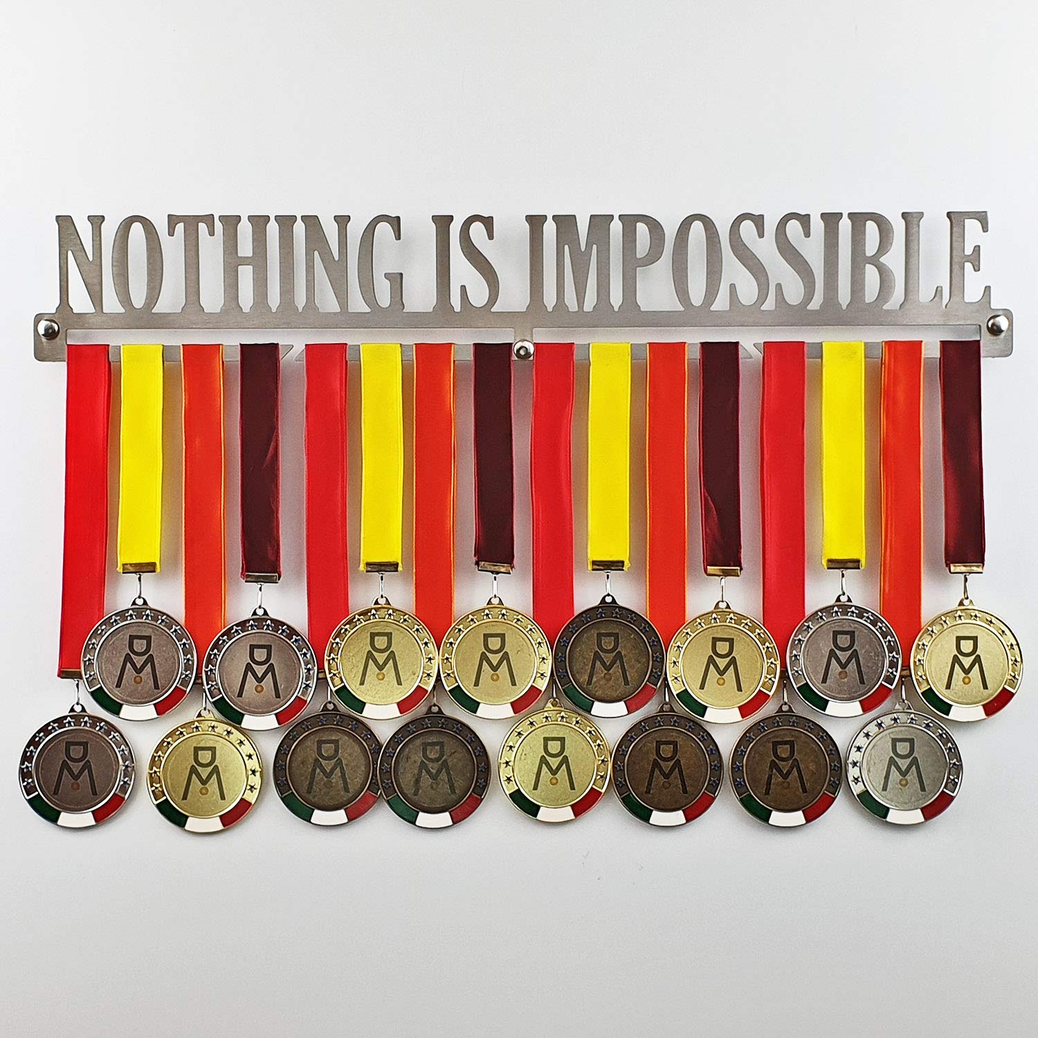MEDALdisplay Nothing is Impossible - Medaillen Aufhänger - Wandhalterung für Medaillens Running, Marathon - Medaillenhalter - Sport Medal Hanger - Gebürsteter Edelstahl - 100% Made in Italy