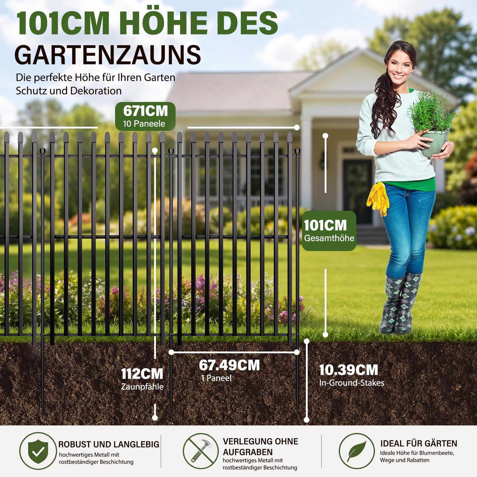 Gartenzaun, Metallzaun Paneele ohne Graben, Rostfreier Tierzaun für Außenbereich, Beetzaun für Garten, Terrasse, Beete und Landschaft | Gesamtgröße 101 cm (H) x 670 cm (L), 10 Paneele mit Tor