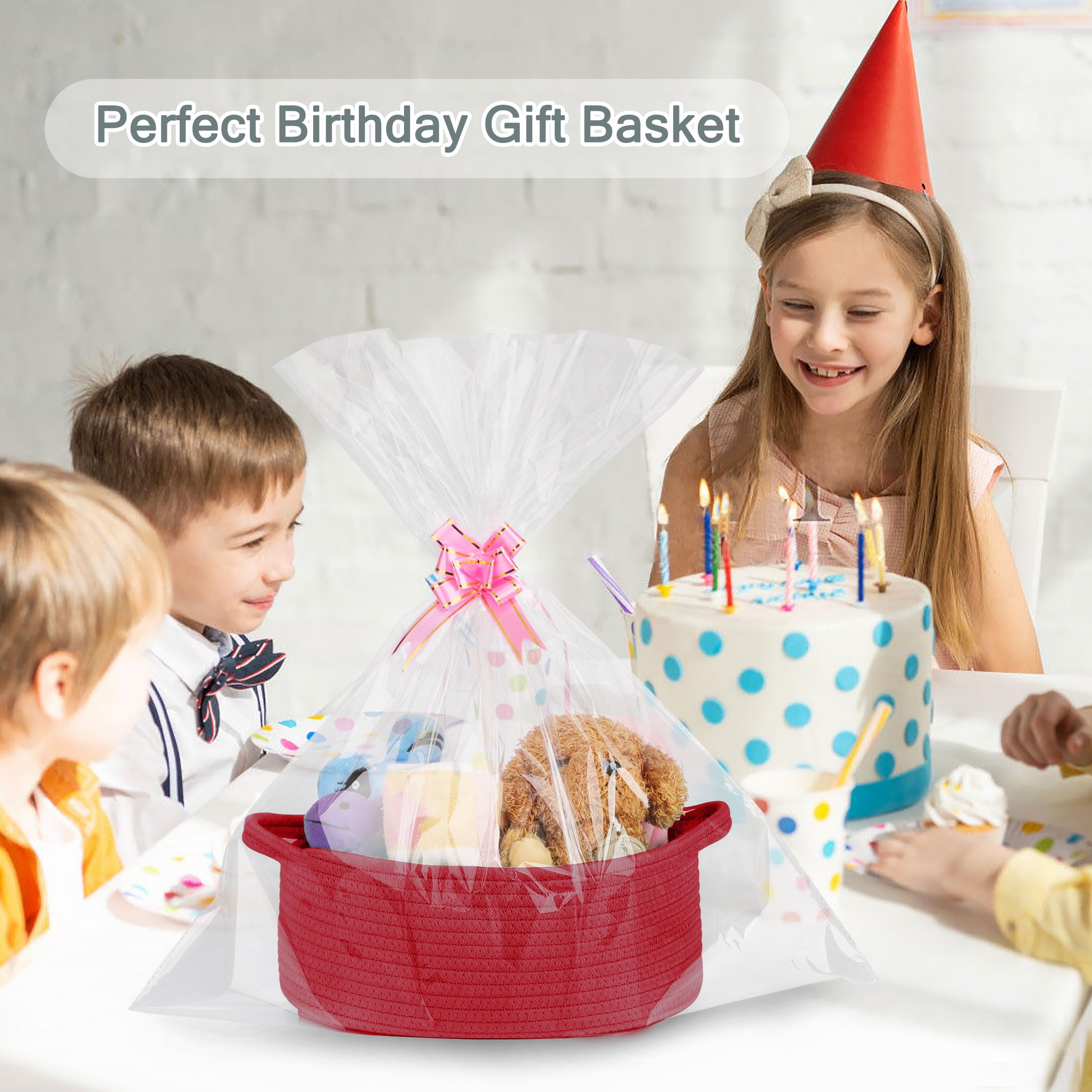 COMSE Small Woven Basket with Gift Bags and Ribbons, Gift Basket Empty, Cotton Rope Storage Organizer, Baby Toy Box with Handles, 12" x 8" x 5", Red