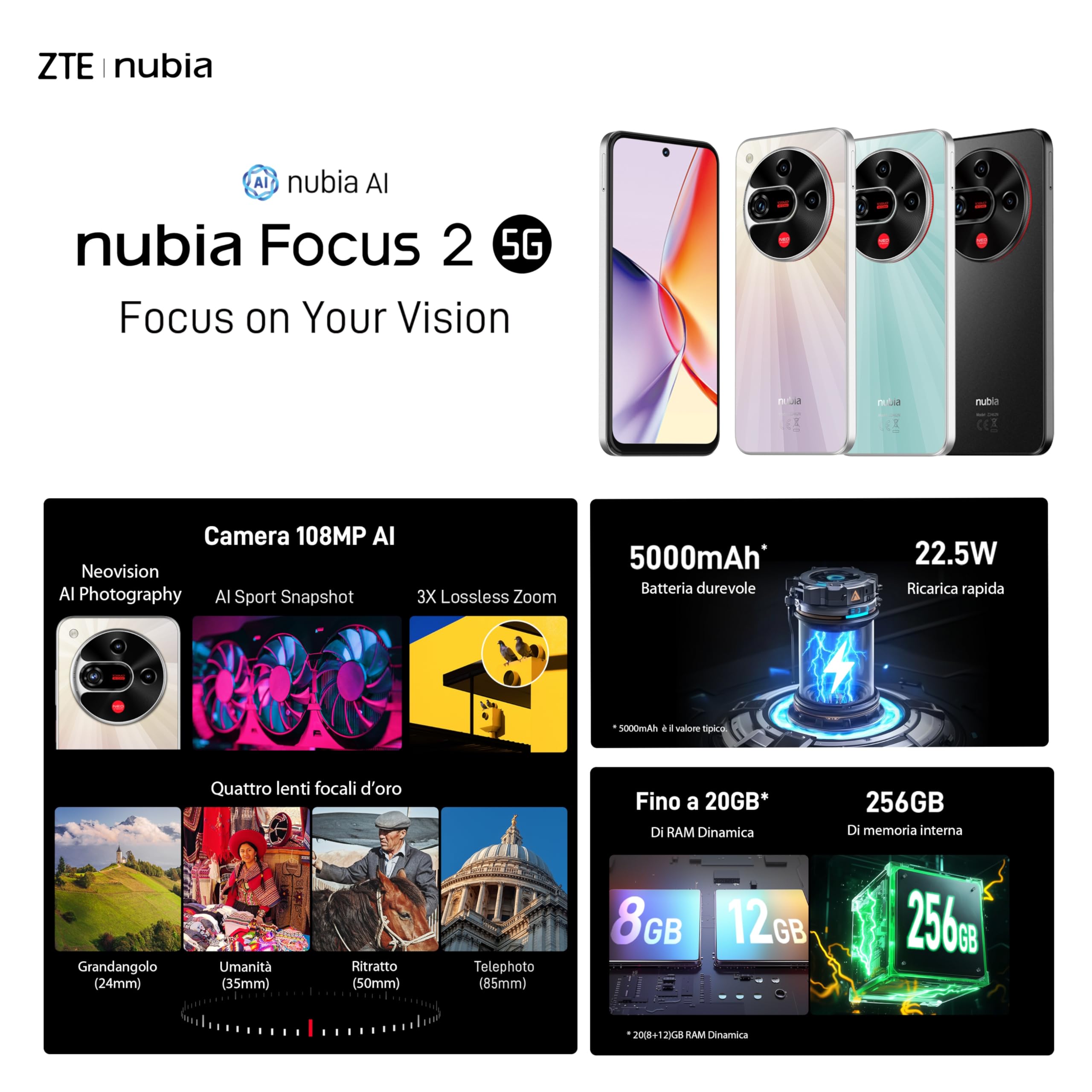 nubia Focus 2 5G Smartphone Android 15, 8+12GB RAM Dinamica + 256GB ROM, Display 6.7” HD+ 120Hz, Smartphone Dual Sim, Fotocamera 108MP, Batteria 5000mAh, NFC