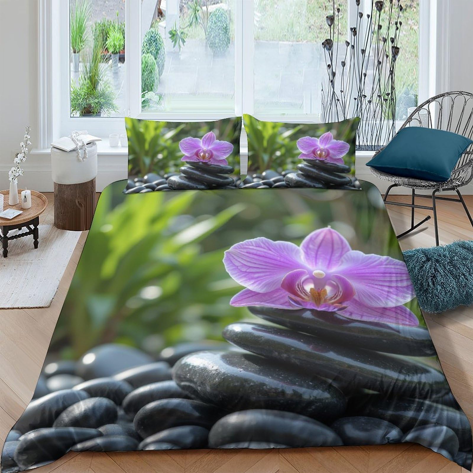 Ctjqhvkz Style-10 3D Printed Orchid Zen Stones Fitted Sheet Microfiber Soft Decorative Bed Sheet For Bedroom Guest Room Protection Single（135X200cm）