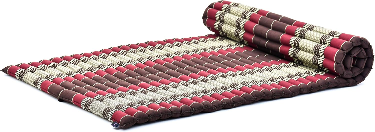 Leewadee – Kapok Roll Mat – Handcrafted Folding Sleep & Relaxation Mattress from Thailand, Ideal as Guest Bed, Camping Mat, Yoga Mat or Traditional Futon, 75 x 39 inches, Brown Red