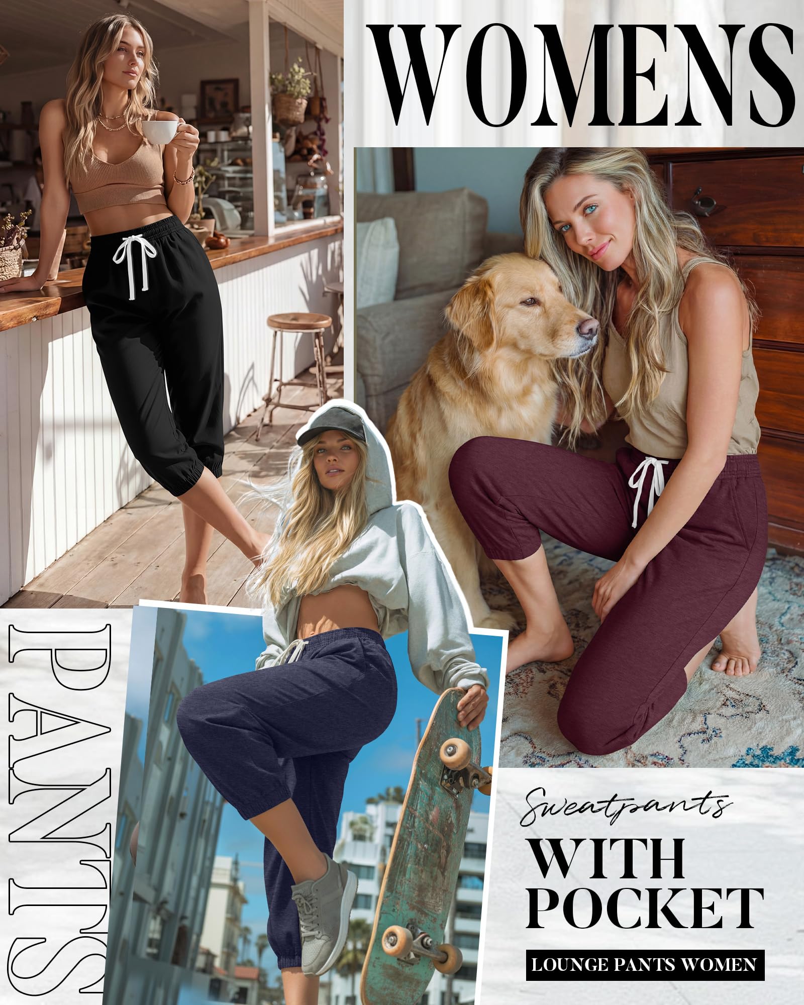 Ficerd 3-teiliges Damen-Capri-Jogginghosen-Set Sommer-Freizeithose Sporthose Cropped-Low-Fit High-Waist sportlich mit Taschen