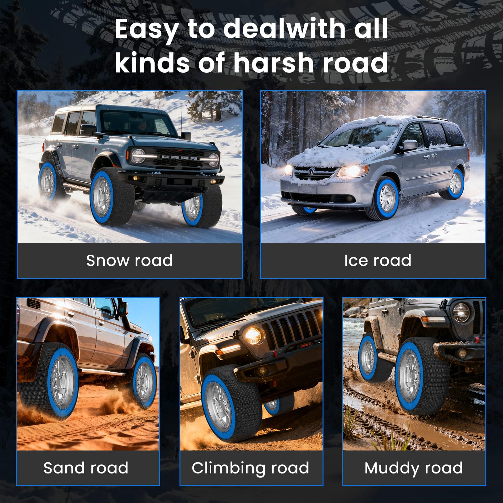 Calcetines de nieve para coche, 2 unidades, textiles para neumáticos de tamaños R14-R24, excelente agarre, cadena de nieve textil con guantes y bolsa de almacenamiento para carreteras difíciles