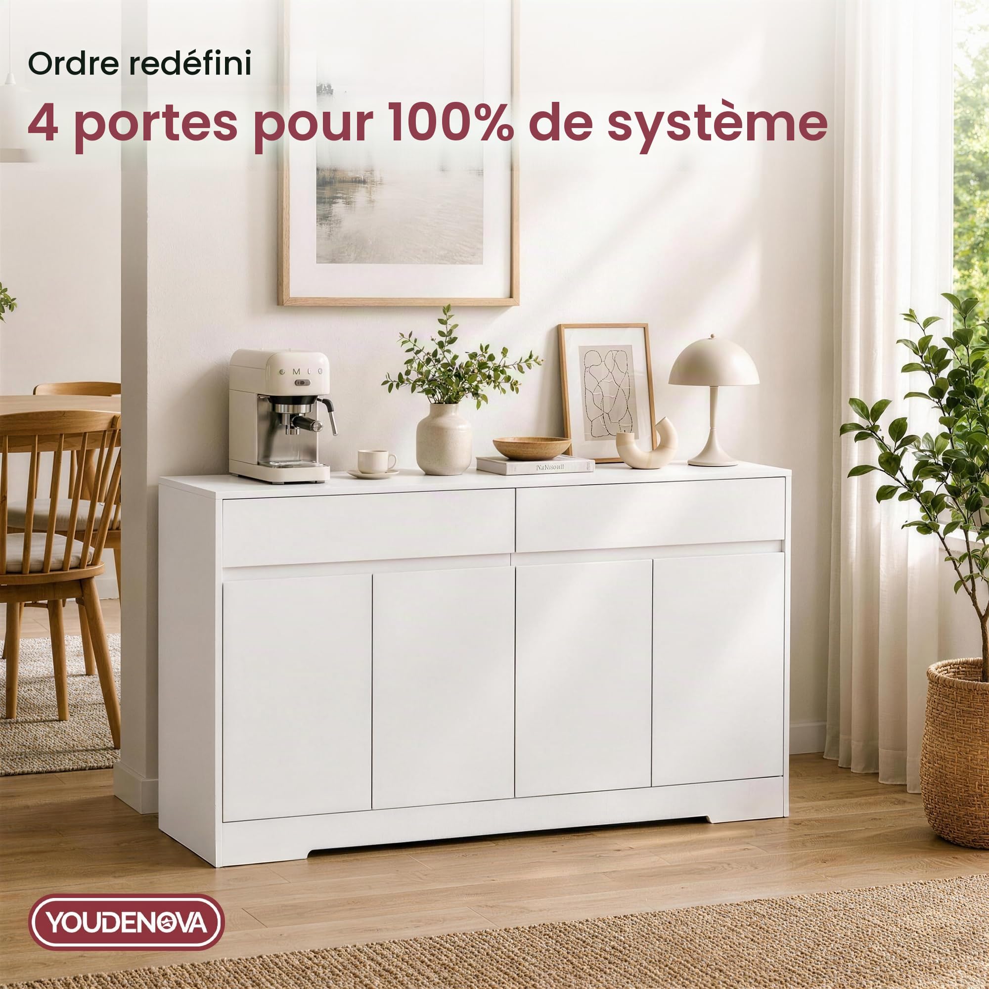 YOUDENOVA Buffet 140 Cm, Meuble De Cuisine avec 2 Tiroirs Et 4 Portes