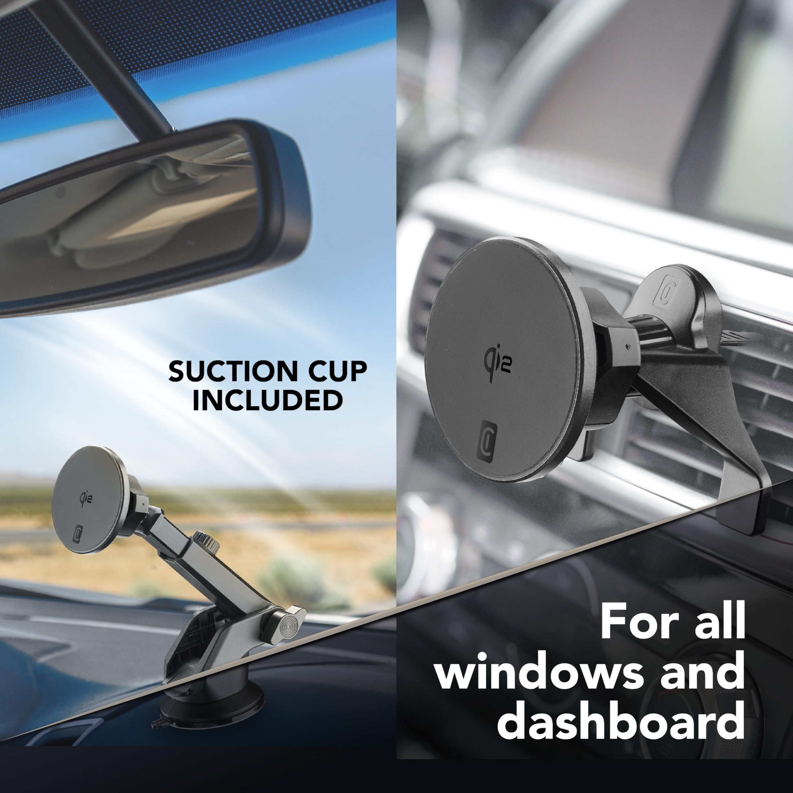 Cellularline MAG HOLDER – Supporto Auto Con Ricarica Wireless 25W Qi2 – Fissaggio Magnetico Potente, Ventosa E Clip – Cavo USB-C 150 Cm Incluso
