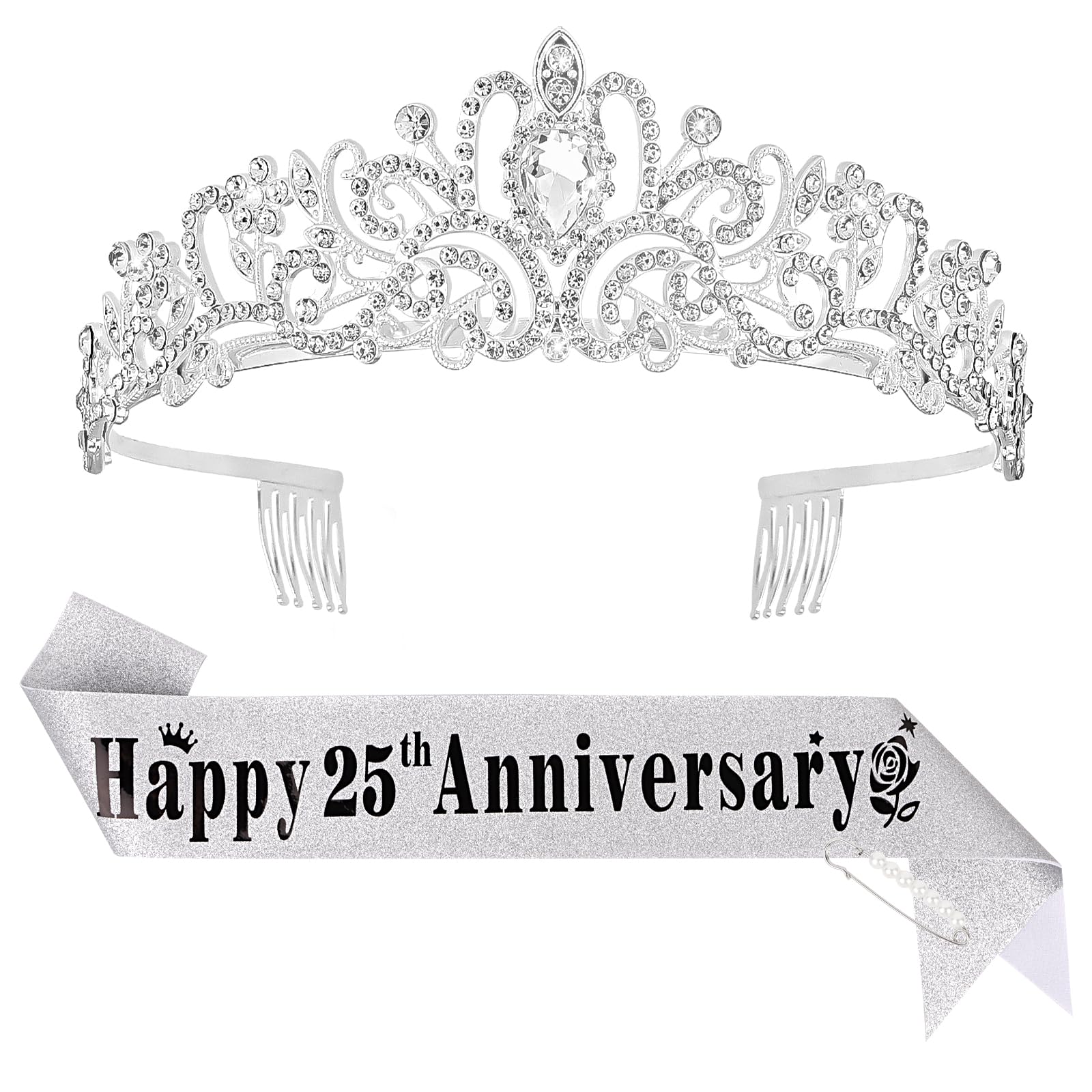 YARIEW 25th Anniversary Decorations - Silver Crown and Happy Anniversary Sash Set, Tiara Crown Sash for Wedding Decorations Gifts for Women
