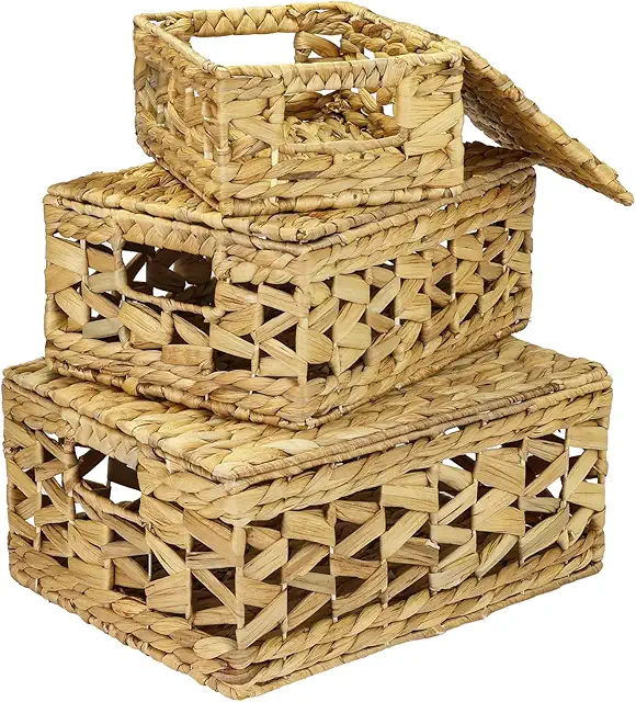 HMF Water Hyacinth Storage Basket Set with Lids - 3 Sizes, Stor Korg Med Lock