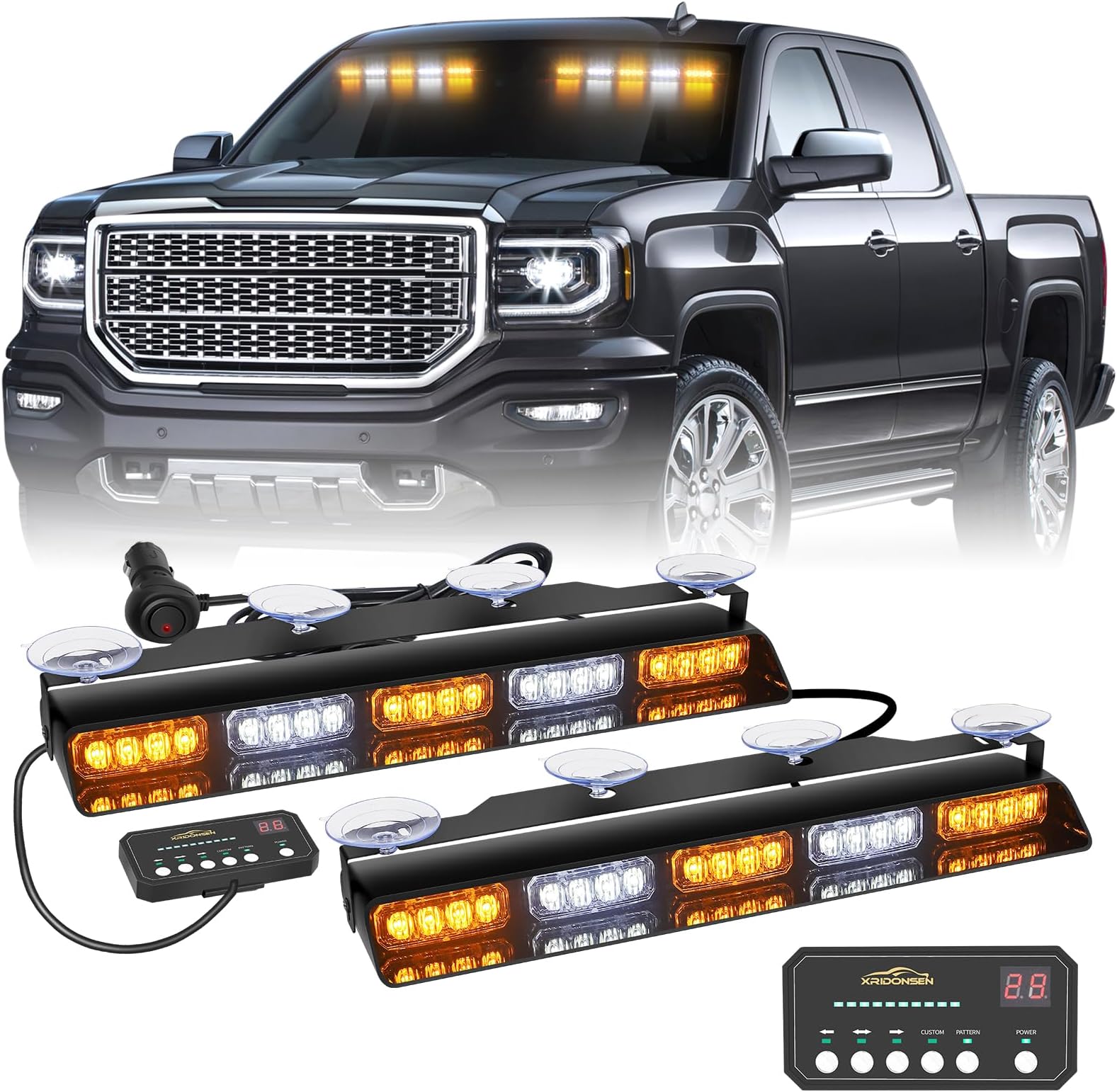 2x 17 inch Emergency Dash Strobe Lights for Trucks Interior Front/Rear Windshield Lights 40 LED Amber White Safety Warning Hazard Lights w/Controller for Plow Trucks Construction Vehicles