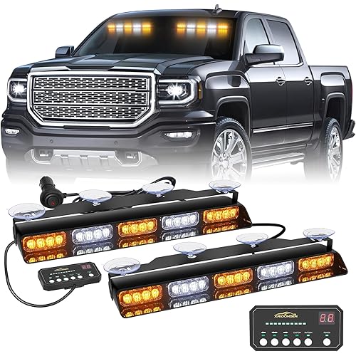 XRIDONSEN 2x 17 inch Emergency Dash Strobe Lights for Trucks Interior Front/Rear Windshield Lights 40 LED Amber White Safety Warning Hazard Lights w/Controller for Plow Trucks Construction Vehicles