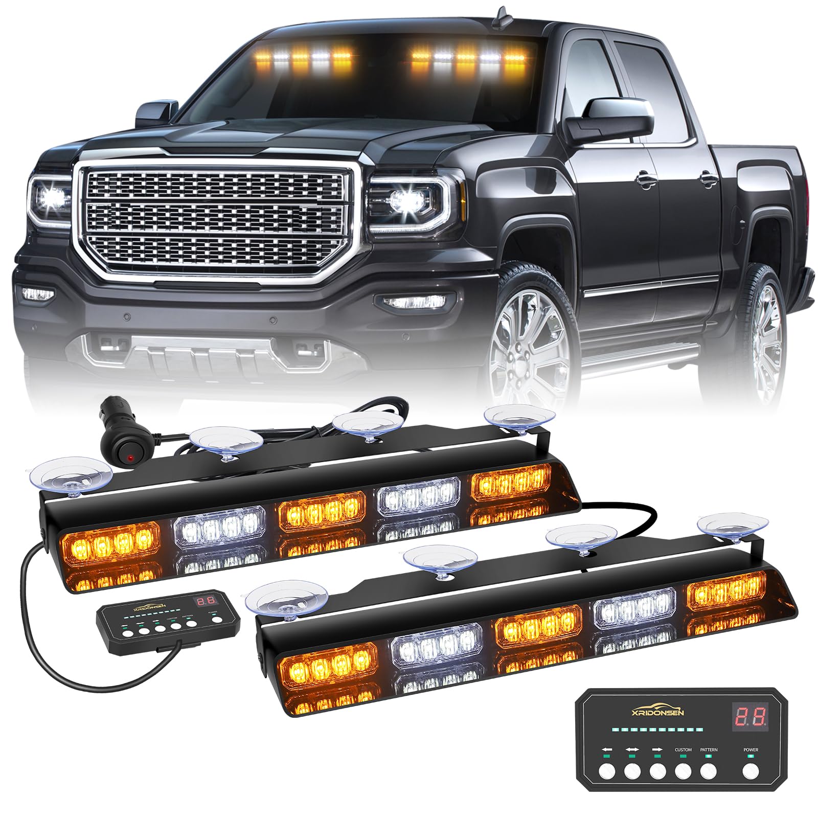 XRIDONSEN 2X 17 inch Emergency Dash Strobe Lights for Trucks Interior Front/Rear Windshield Lights 40 LED Amber White Safety Flashing Warning Hazard Lights w/Suction Cups for Construction Vehicles