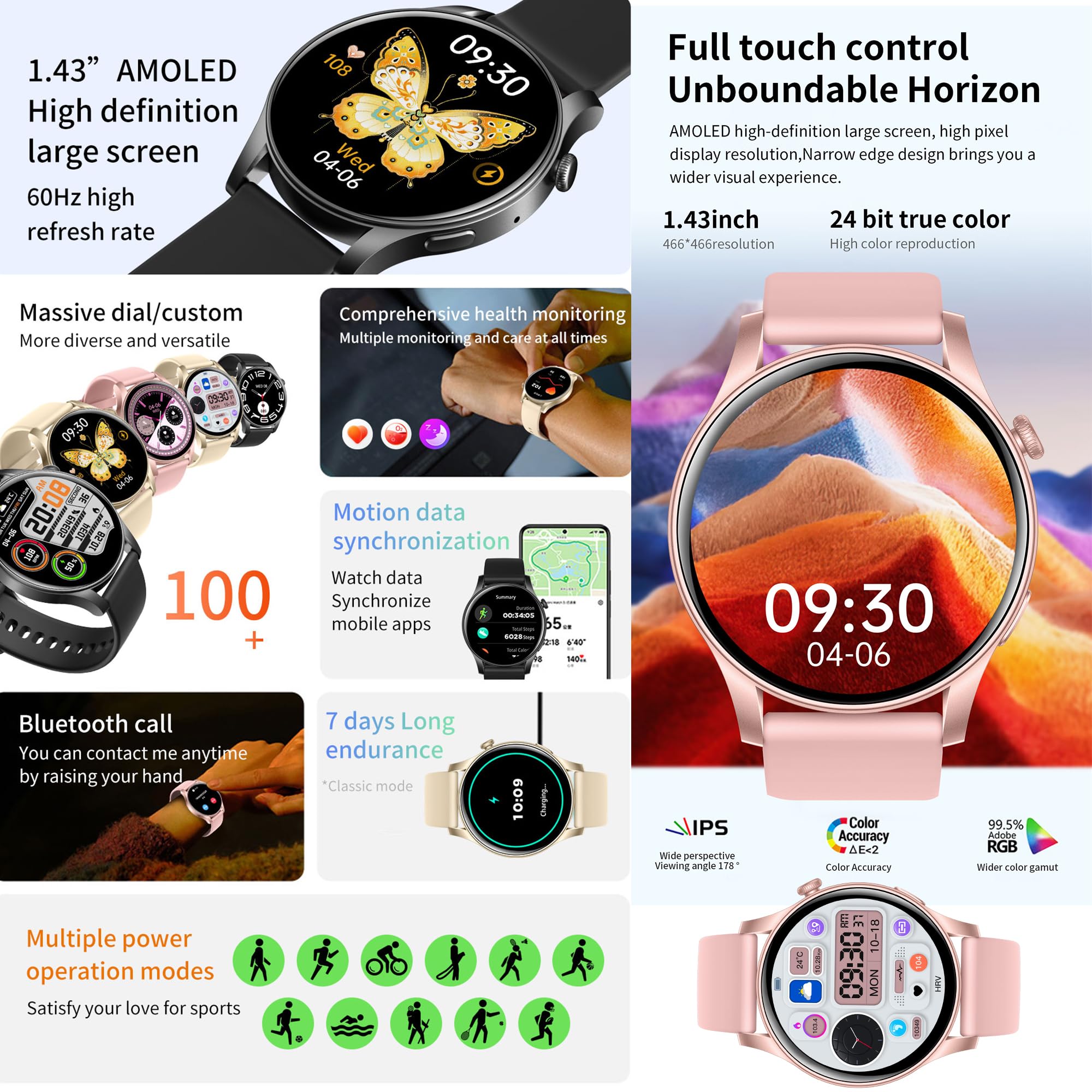 Montre Connectée Femme, 1,43" AMOLED Smartwatch avec Appel Bluetooth 5,1/Numérotation, 123 Modes Sportifs, Cardiofrequencemètre, Podometre Moniteur de Sommeil, Fitness Tracker pour Android iOS (Rose)