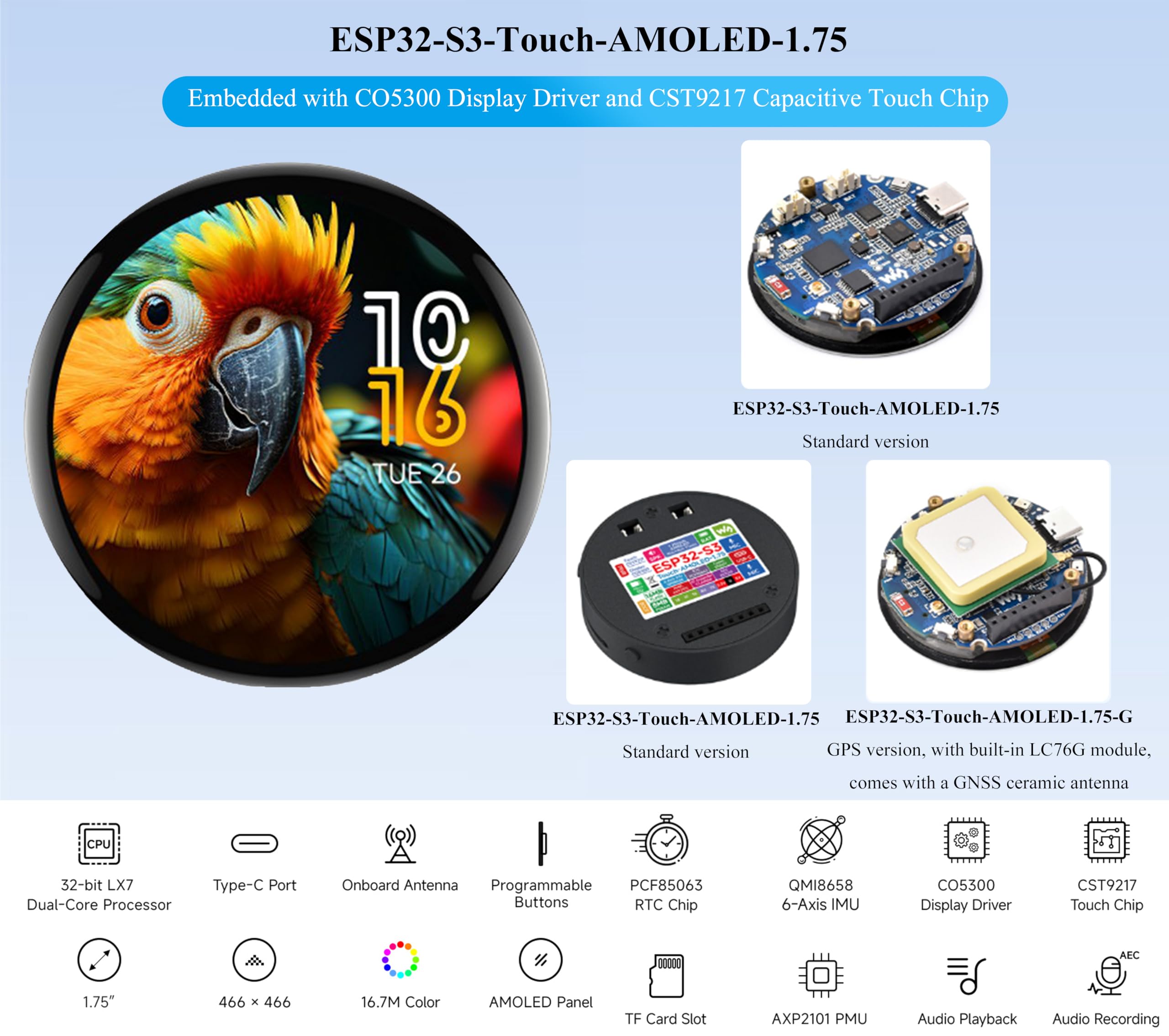 ESP32-S3 - Placa de desarrollo de pantalla táctil redonda AMOLED de 1.75 pulgadas, 466 × 466, procesador LX7 de doble núcleo de 32 bits, matriz de micrófonos digitales duales integrados, interfaz QSPI