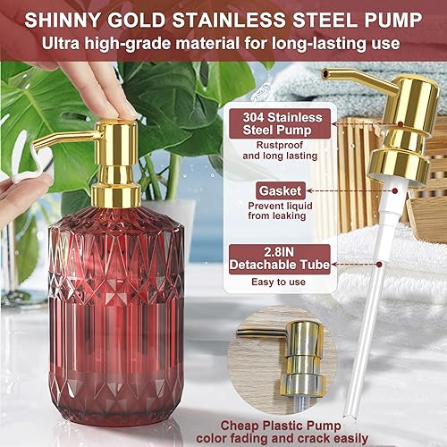 Miniatura 10 de Juego de accesorios de baño de cristal rosa de alta calidad (5 unidades), dispensador de jabón de vidrio con bomba de acero inoxidable a prueba de