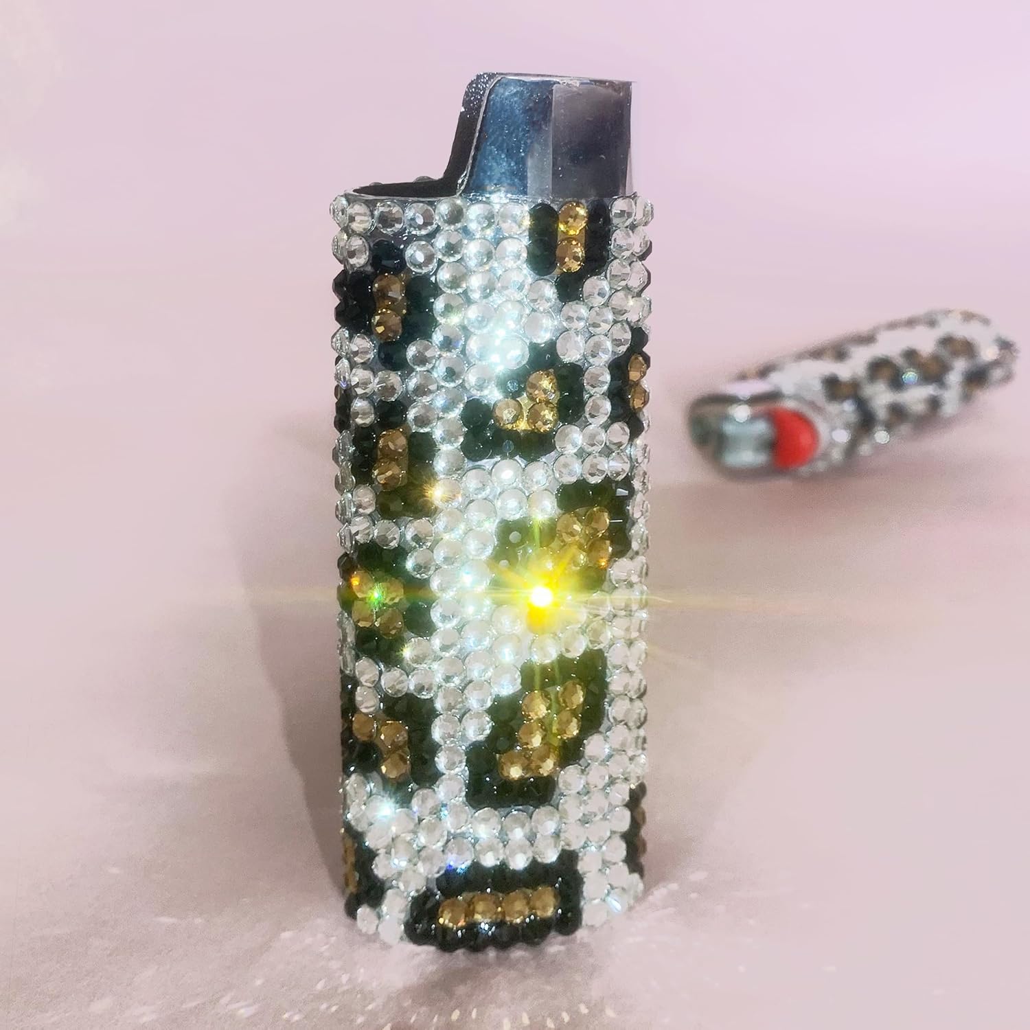 Leopard Spots Sparkling Rhinestone Lighter Holder Case Pouch, Shiny Crystal Jewels Lighter Sleeve Cover for J6 Model