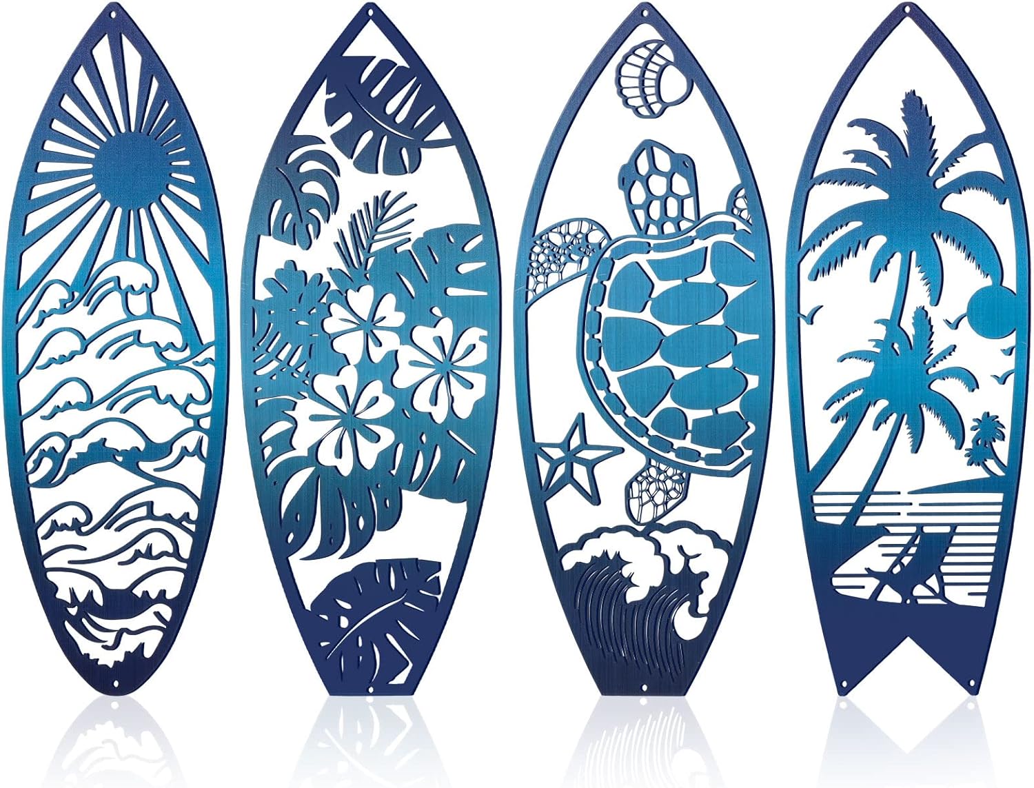 Therwen 4 Pcs Metal Surf Board Wall Decor Summer Tropical Metal Surfboard Beach Signs Tropical Palm Tree Art Turtle Decoration Summer Wall Decor for Door(Blue)