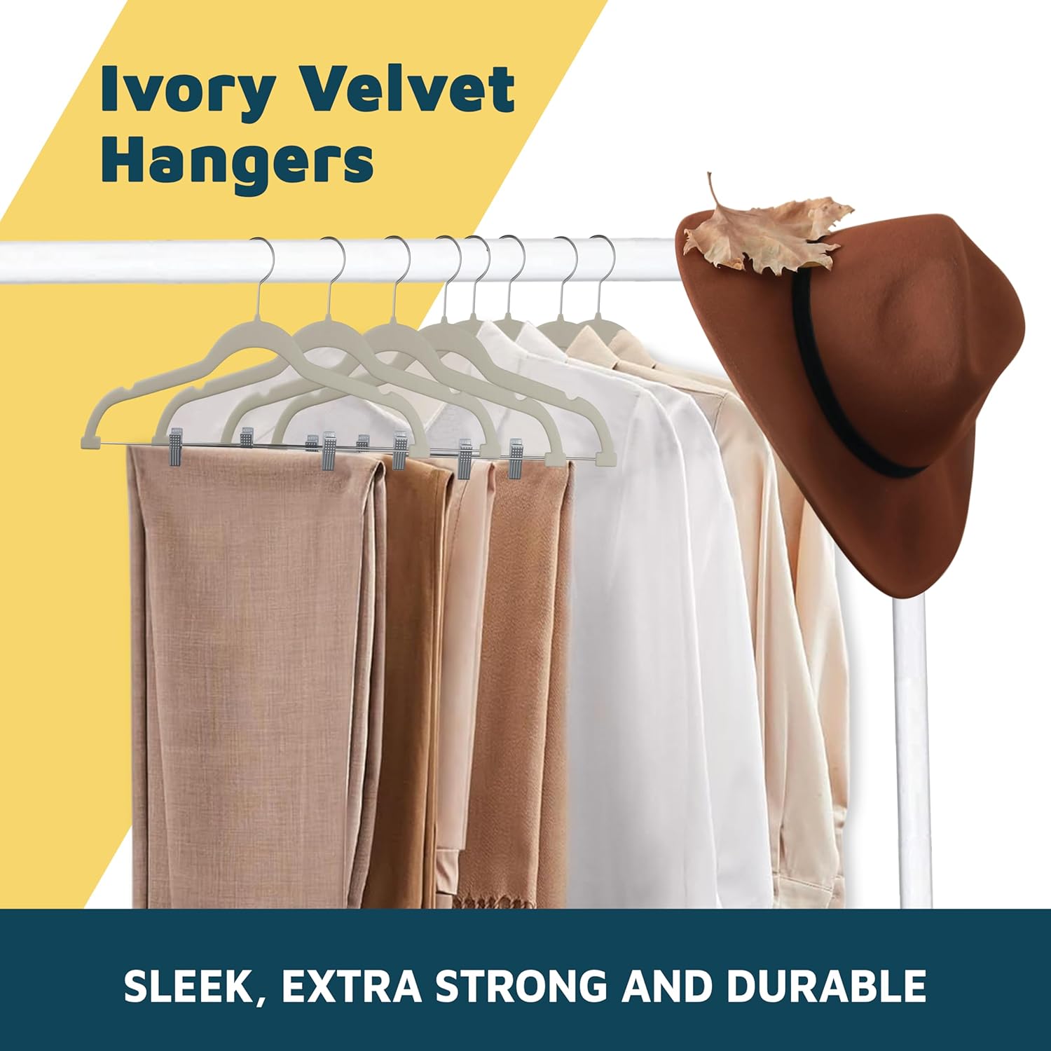 Lifemaster Velvet Skirt Hangers – with Adjustable Clips, 360 Degree Swivel Hook, and Non-Slip Shoulder Notch, Holds Up to 10 lbs, for Organizing Skirt, Pants, Dress, and Clothes, Pack of 30, Ivory