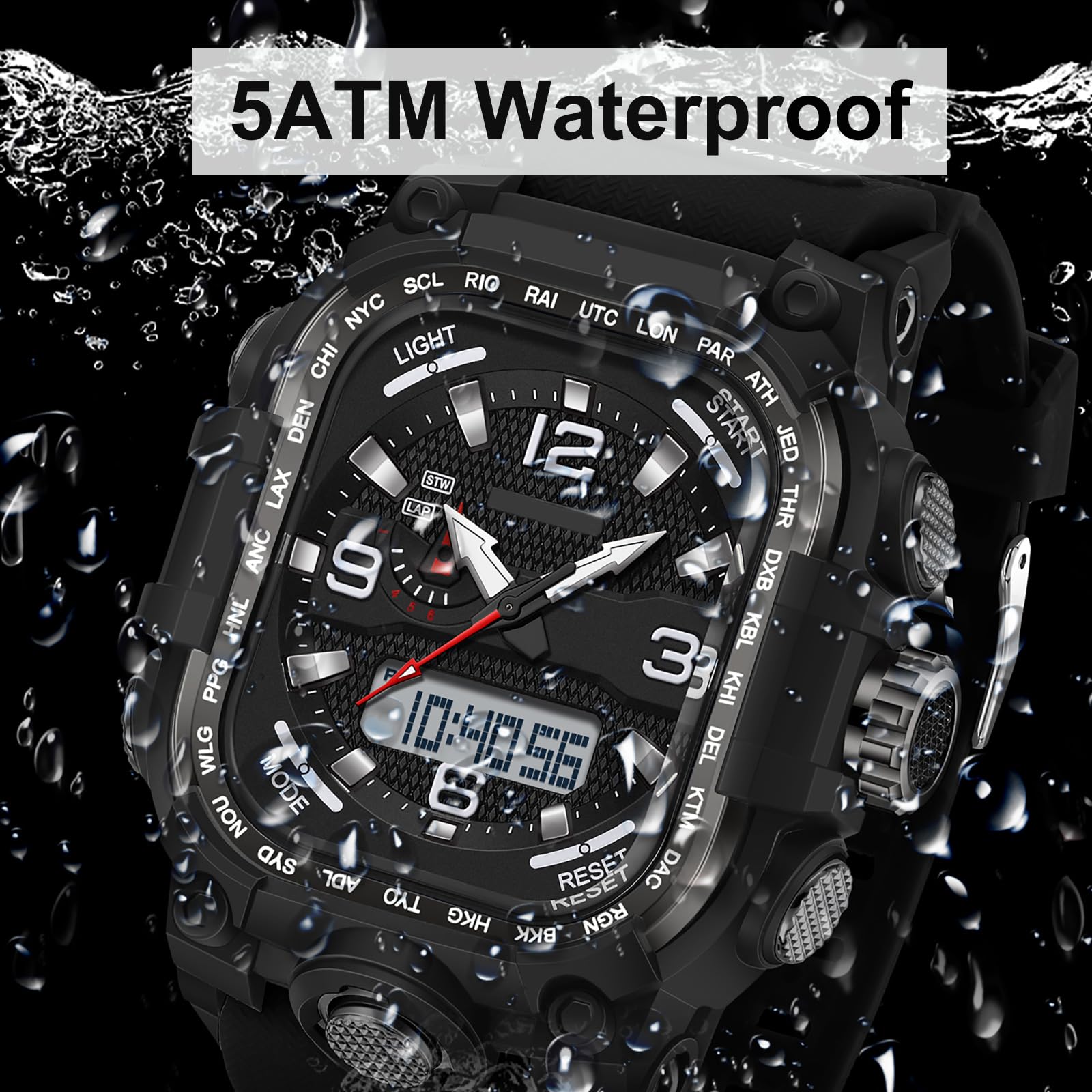 findtime Orologio da polso da uomo, stile militare, quadrato, digitale, analogico, design sportivo, impermeabile fino a 5 ATM, illuminazione, data 12/24 h, cronometro e tre fusi orari