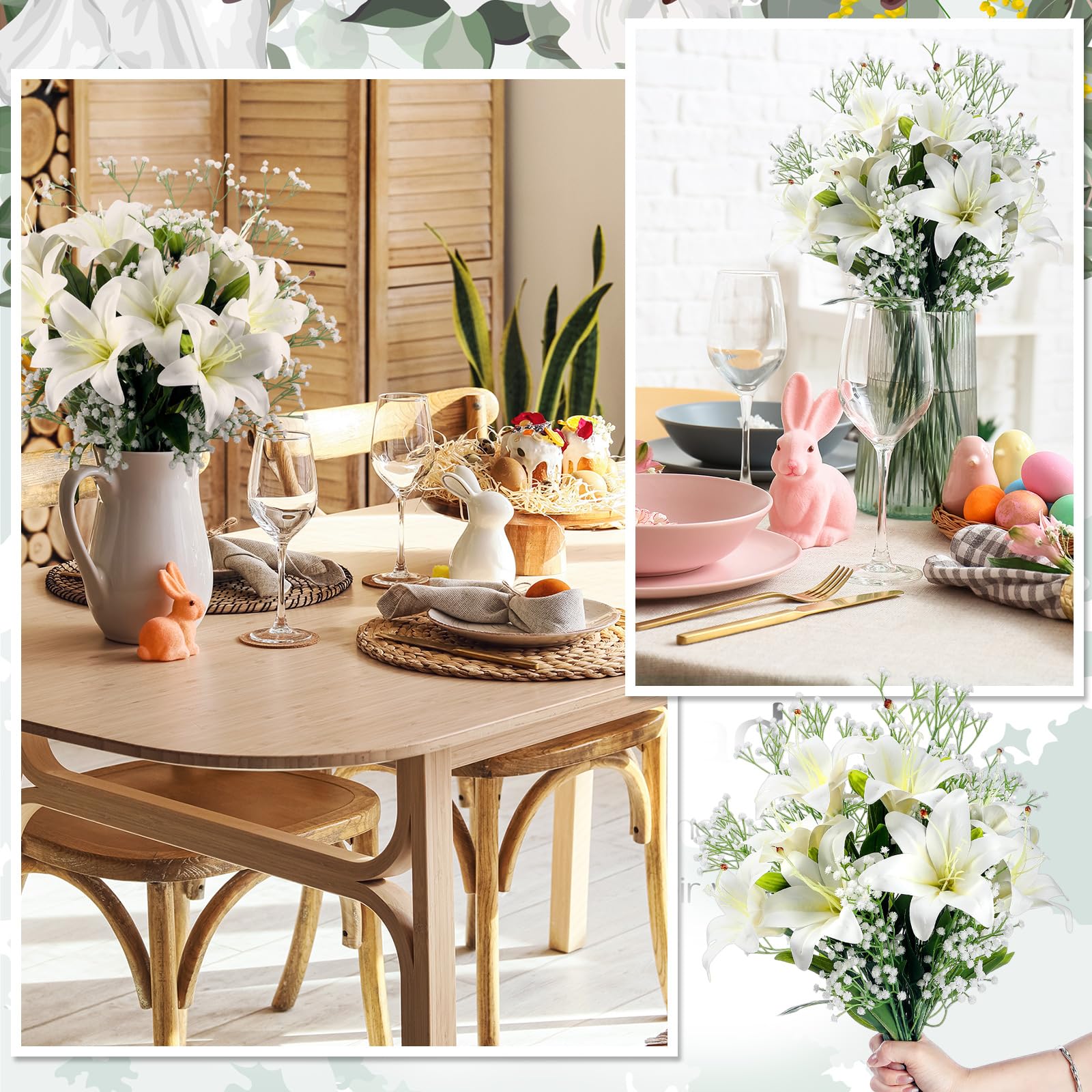 Giegxin Künstliche Osterlilien, weißes Latex, fühlt sich echt an, künstliche Tigerlilien, Blumen mit künstlichem Baby-Atem, künstliche Schleierkraut für Ostern, Frühling, Zuhause, Kirche, Hochzeit