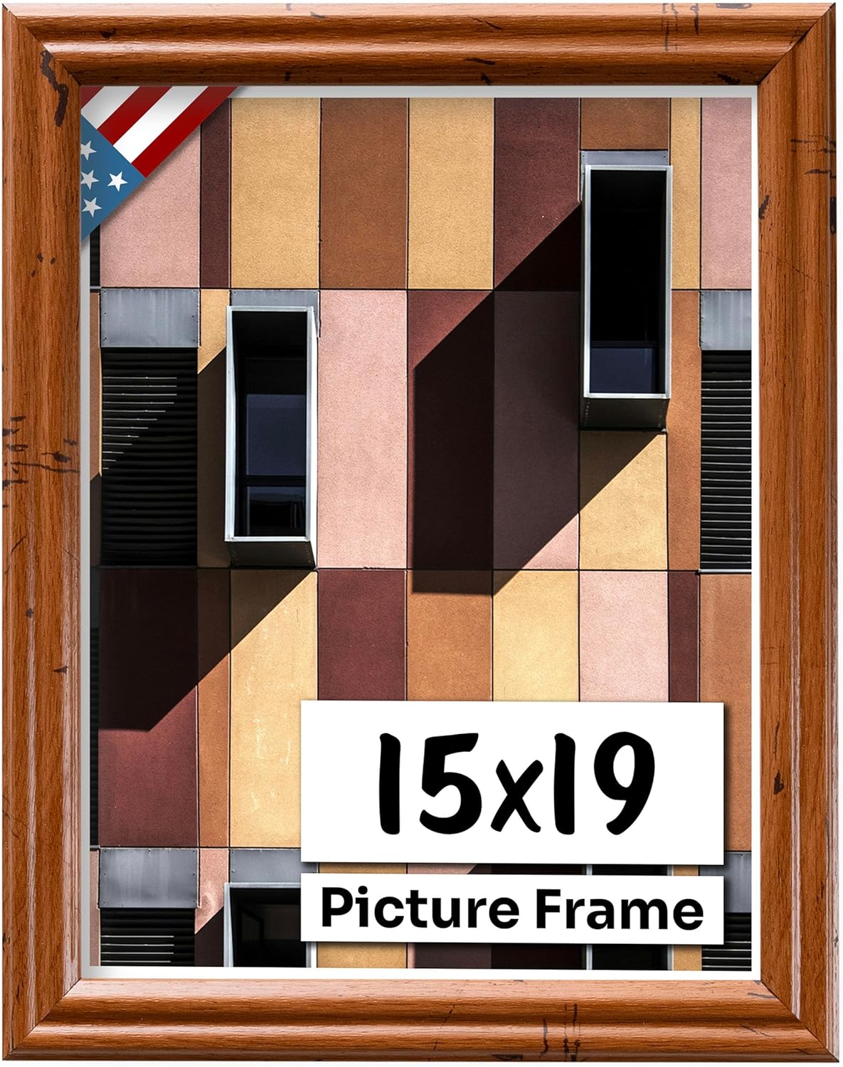 Distressed Oak 15x19 Picture Frame .75" Inch Wide - Handmade American Solid Wood Picture Frames with Preinstalled Hangers and UV Blocking Plexiglass Frames