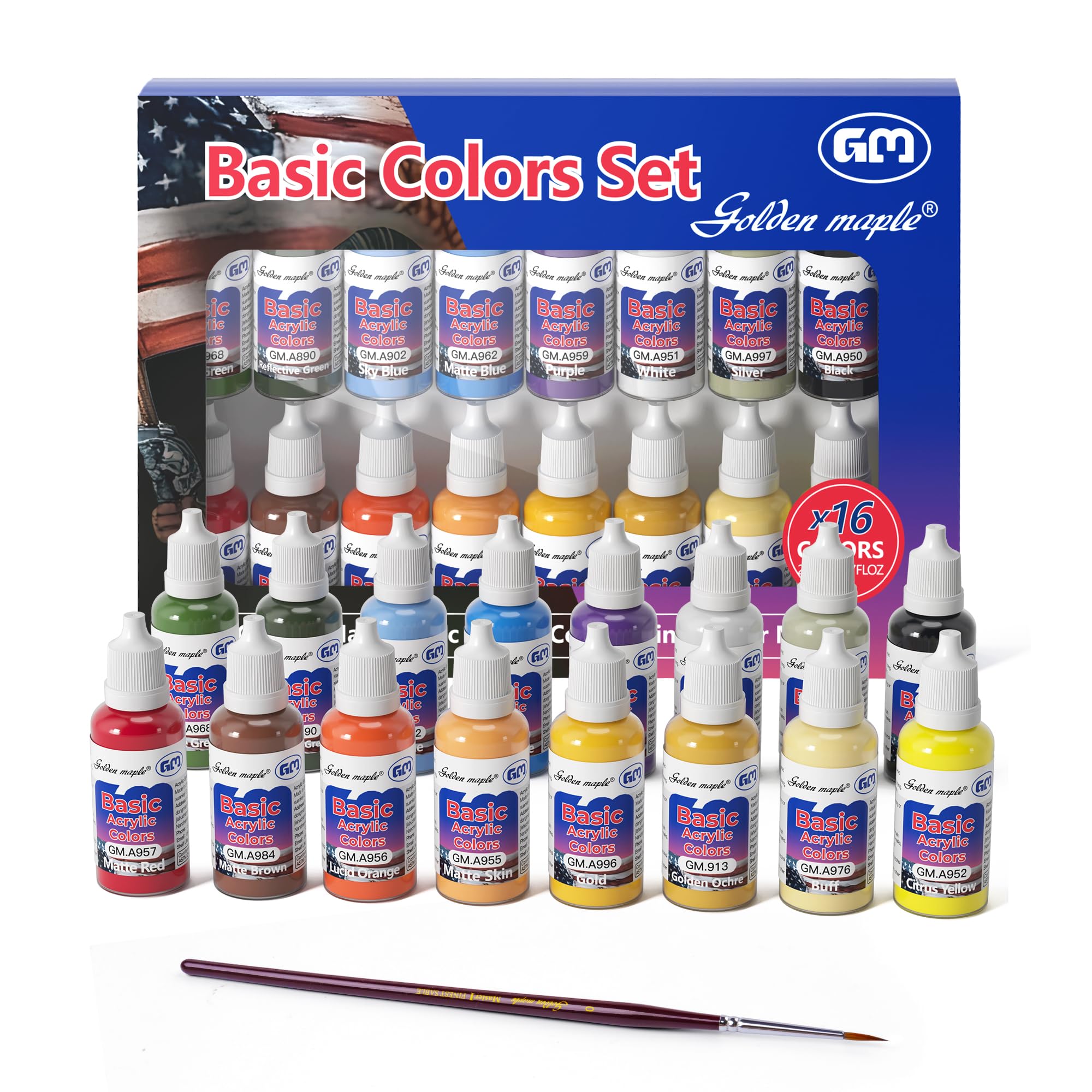 golden maple Set di pittura in miniatura di base con pennello, colore acrilico, set iniziale per figure (confezione da 16) x 20 ml