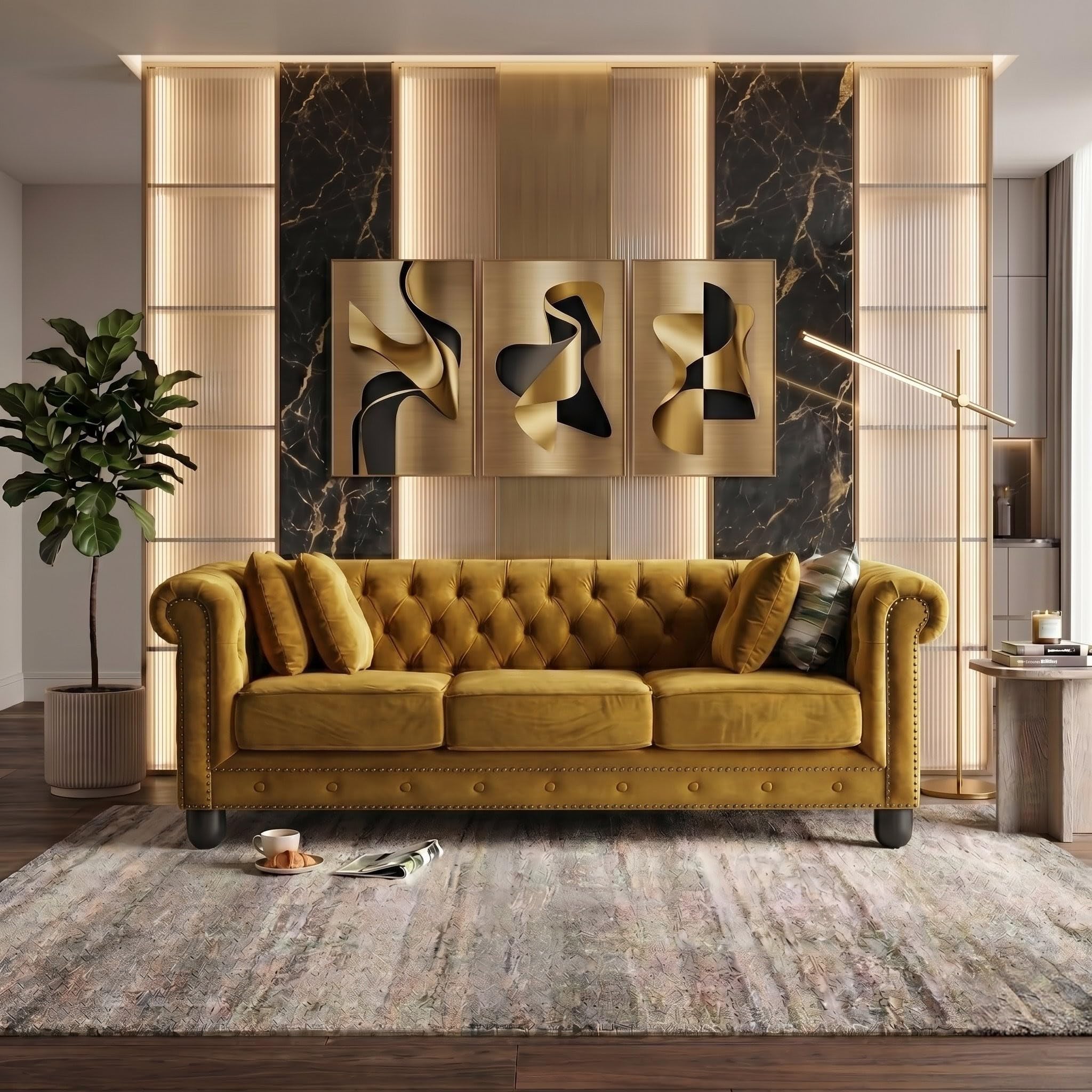 Velvet 3 Seater Sofa, Chesterfield Tufted Sofa with Nailhead Trim, Rolled Arm Sofa with Wood Legs for Living Room & Office (Golden)-image-41