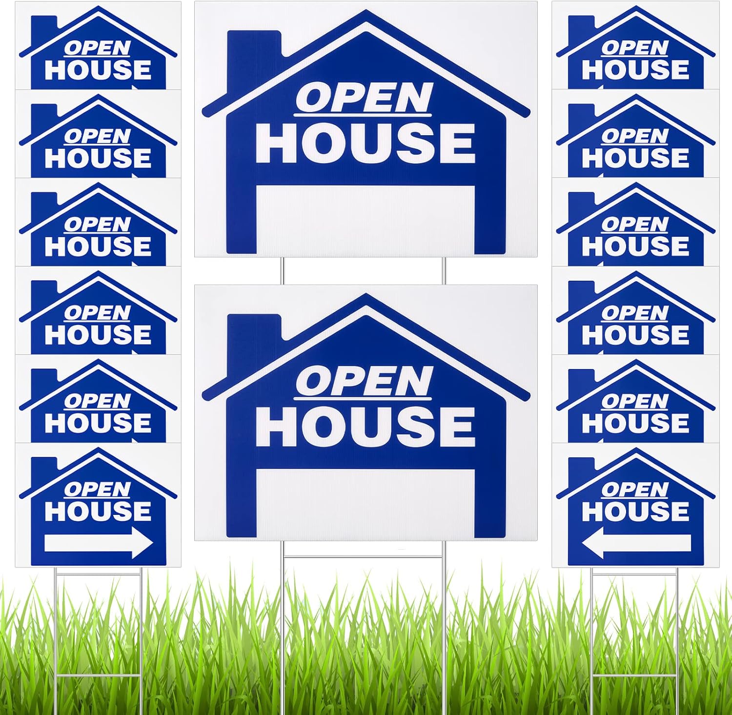 14 Pack Open House Sign for Real Estate 24 x 18 Inch Double Sided Sign Posts Plastic Heavy Duty Directional Yard Mark with Left Right Arrows 14 Pcs H Metal Stakes(Blue)