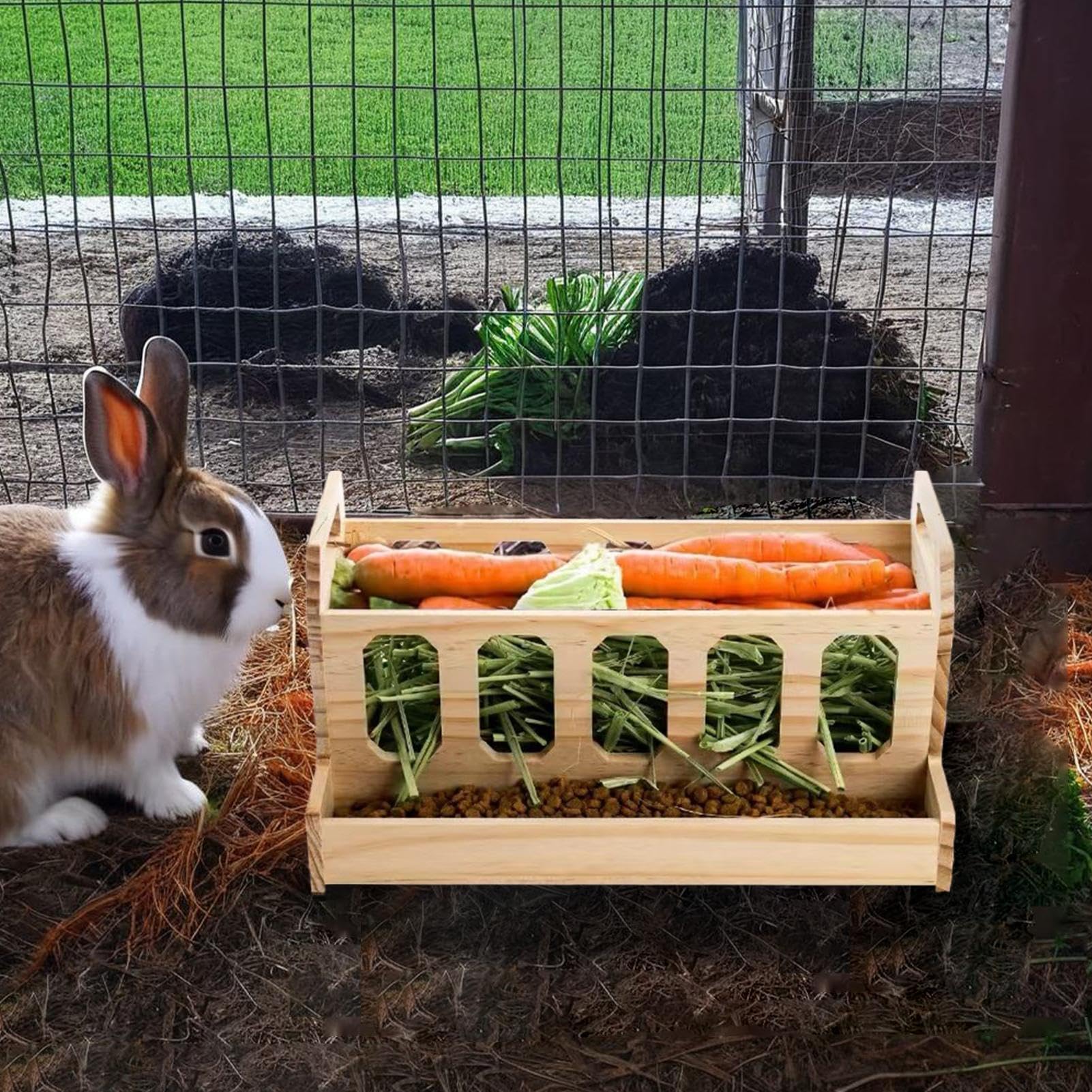 Bunny Feeder Porte-foin pour lapins - Grand râtelier à foin en bois avec | couvercle amovible pour lapins, cochons d'Inde et chinchilla