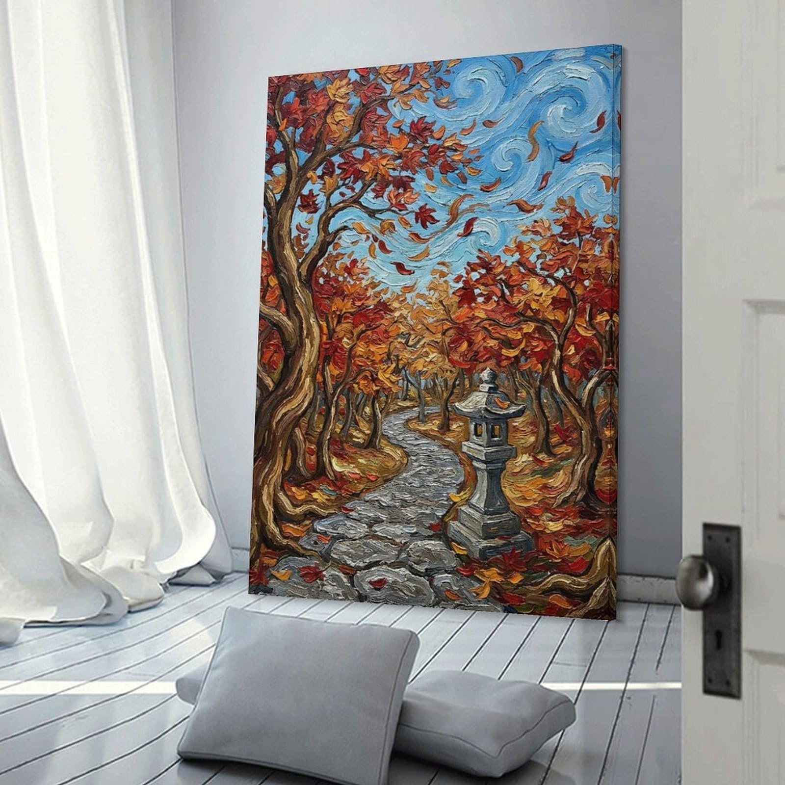 Junmoney Autumn Path with Stone Lantern Painting Canvas Art Print 24x36inch(60x90cm), for Front Hall, Corridor Or Welcome Spaces, Home Artwork for First Impressions