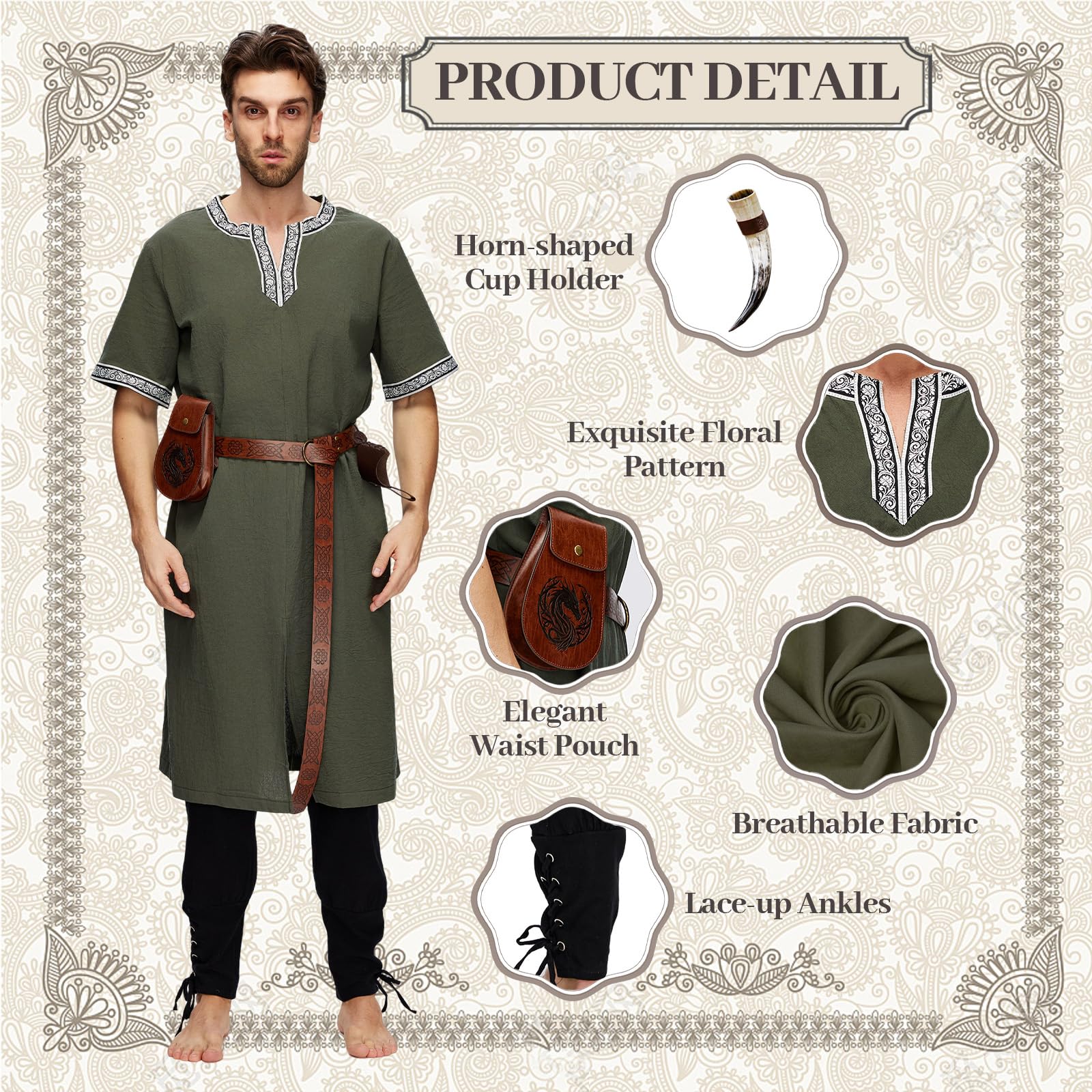 Mittelalter Kleidung Herren Set, 5 Stück Renaissance Kostüm, Kurzarm Tunika Hose mit Zubehör, Erwachsener Wikinger Viking Ritter Outfit für Halloween, Karneval, Mittelalterfest, Faschingskostüme