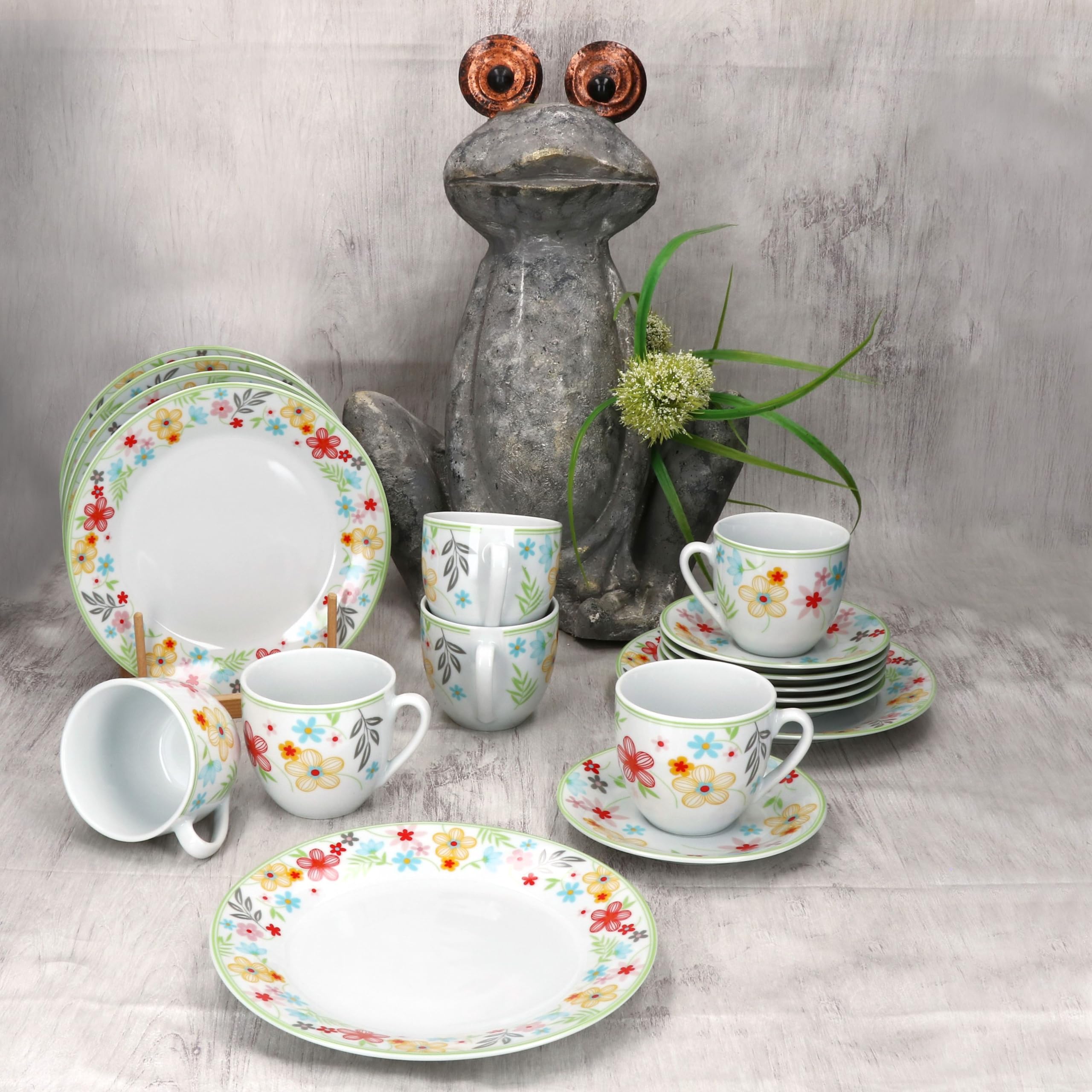MamboCat Variant Blümchen 18tlg Kaffeeservice I farbige Porzellan-Kaffeeset für 6 Personen I Je 6X Kaffeetassen 200ml, Untertassen & Kuchenteller I buntes Geschirr für Frühstück & Kaffee