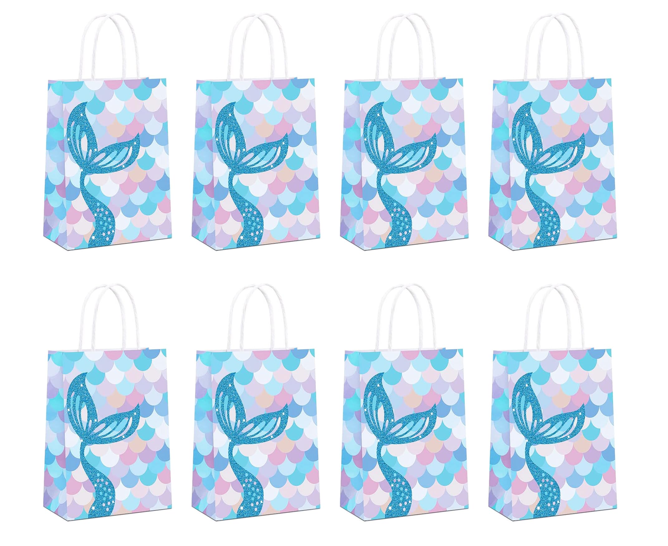 Zanceamy 20 Pcs Mermaid Party Favor Bags, Mermaid Tail Candy Treat Bags, Paper Birthday Present Bags with Handles for mermaid Themed Party Kids