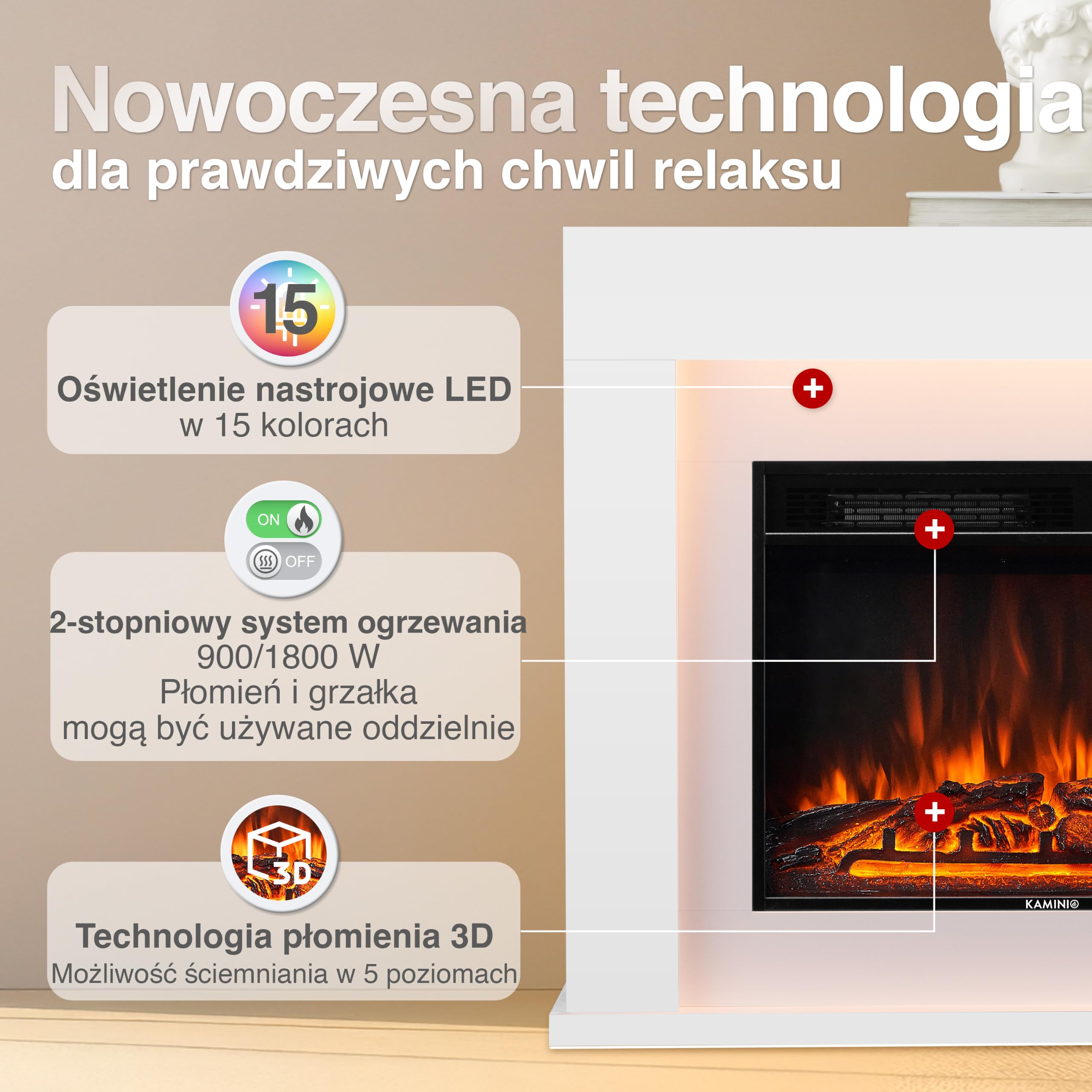 KAMINIO Kominek elektryczny MATTI – elektryczny kominek stojący z ogrzewaniem, efekt płomienia 3D, Oświetlenie otoczenia LED, pilot zdalnego sterowania, biały