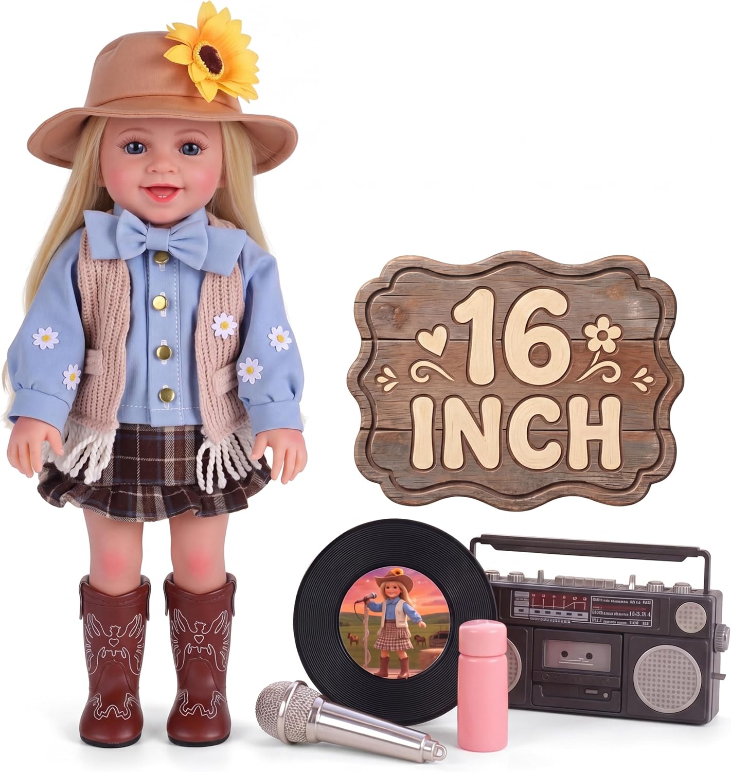 BABESIDE American Realistic Baby Doll Girl, 16 Inch Country Singer Style with Cowboy Boots & Sunflower Hat, Lifelike Doll Accessories for 3+ Year Old Girls Birthday Gifts, Pretend Play, Christmas