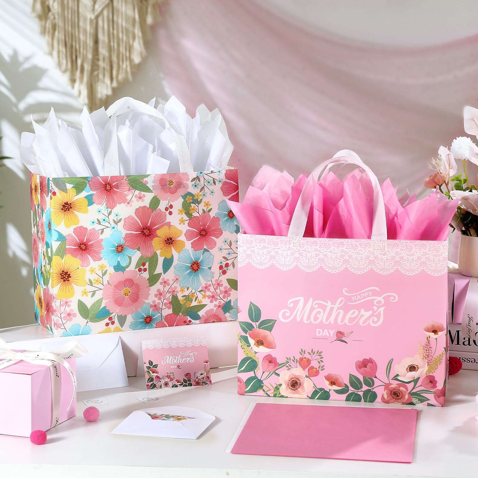 STYPOP 13" Mothers Day Gift Bags with Tissue Paper,2 Pack Large Mother's Day Bag Bulk,Reusable Gift Bags with Handles - Mothers Day Gifts for Mom,Grandma,Sister,Nana,Friends (Pink, White)