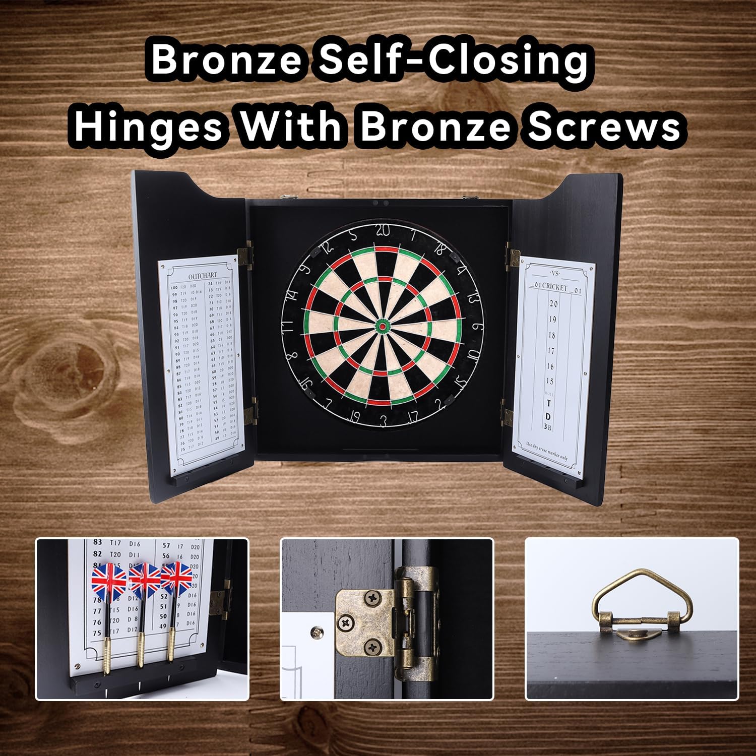 GSE Games & Sports Expert Professional Solid Wood Classic Dartboard Cabinet with Sisal/Bristle Dartboard, Scoreboard, and 6 Steel Tip Darts, Easy Assembly Complete with All Accessories (Black)