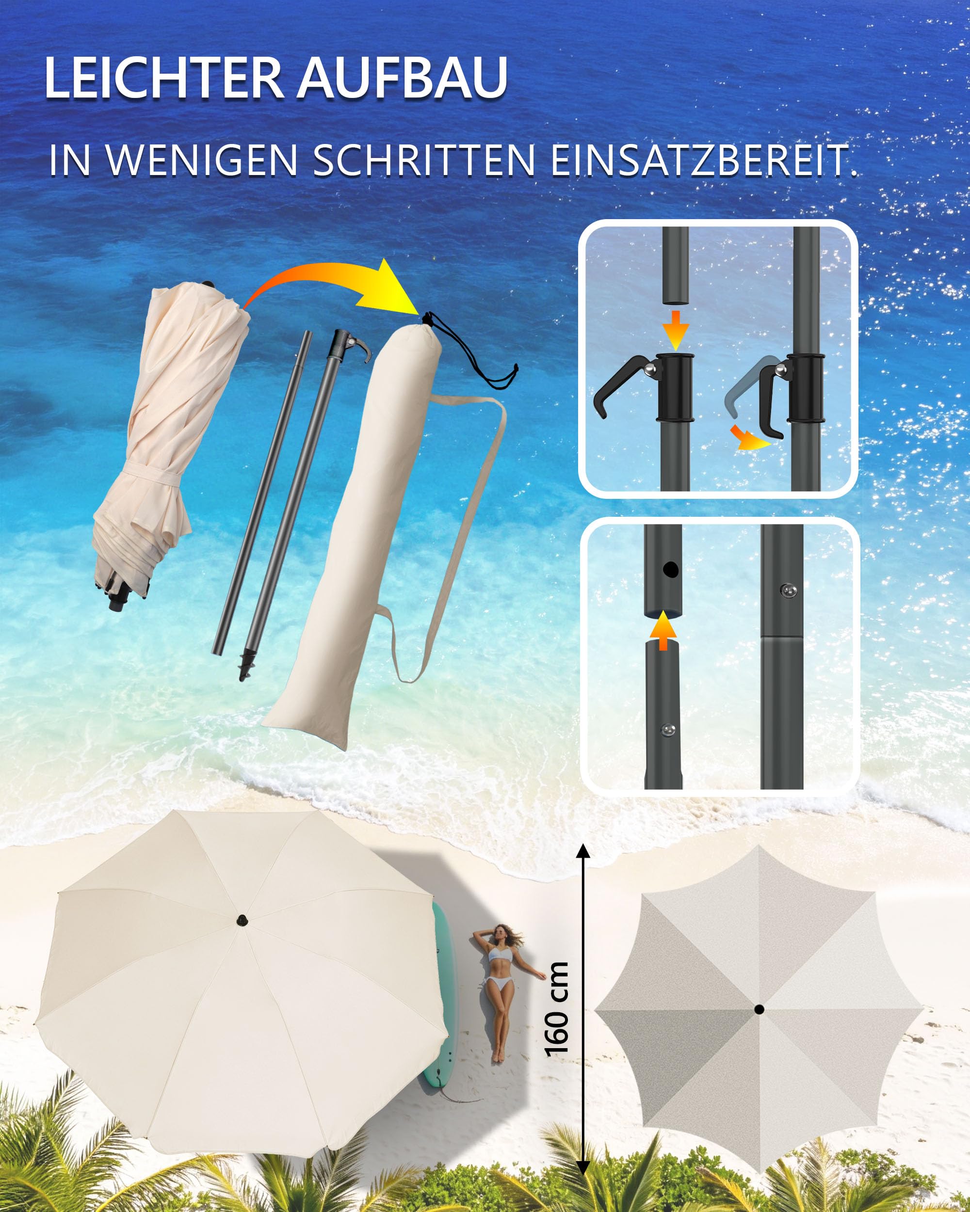 Menz Sonnenschirm Strand Ø 160 cm - Funktioneller Reise Sonnenschirm UPF 50+ für Koffer - Praktischer Strandschirm klein faltbar, kompakter Strandschirm koffertauglich