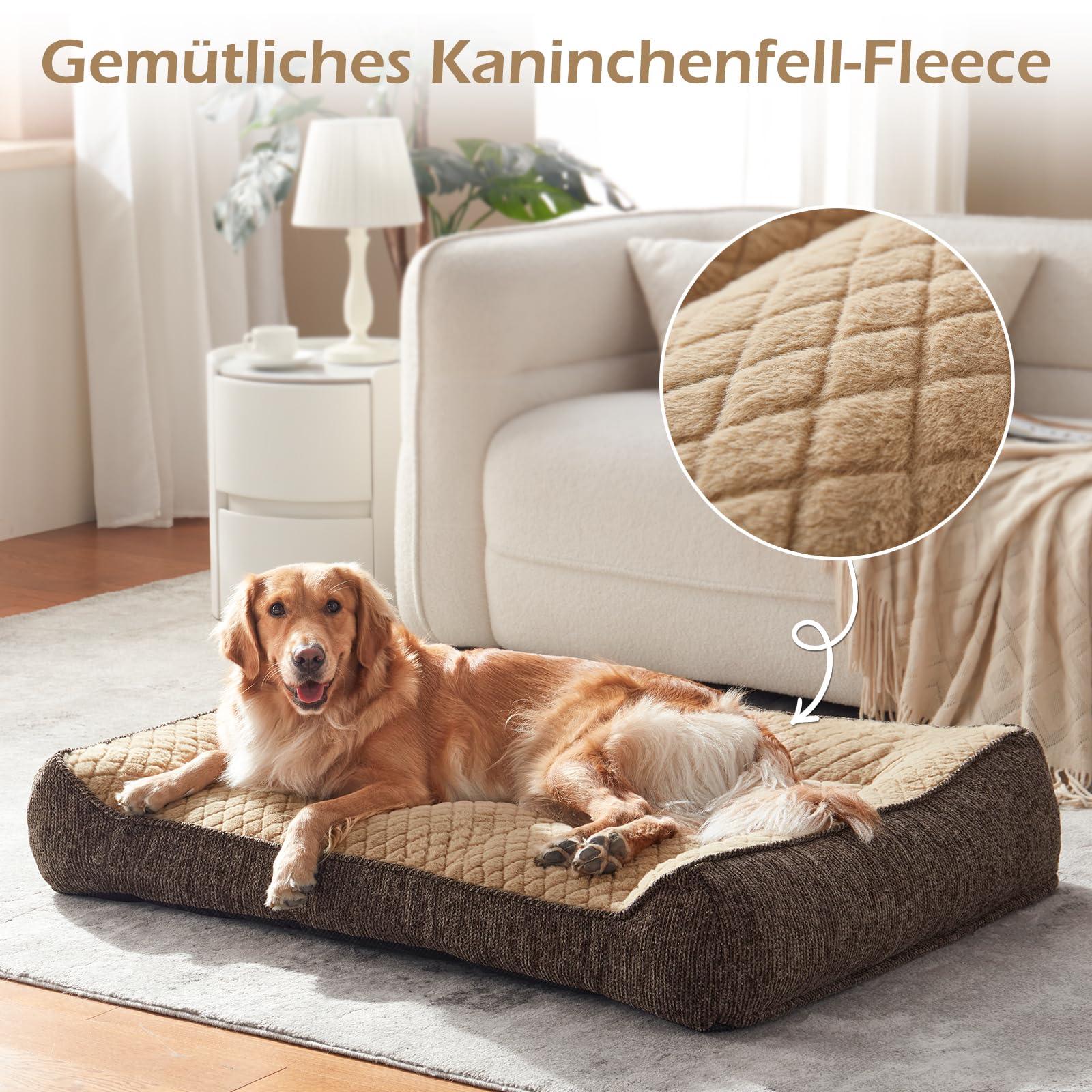 JOEJOY Cuccia ortopedica per cani di grandi dimensioni, lavabile, antiscivolo, grande in morbida pelliccia di coniglio, 107 x 76 x 24 cm, marrone