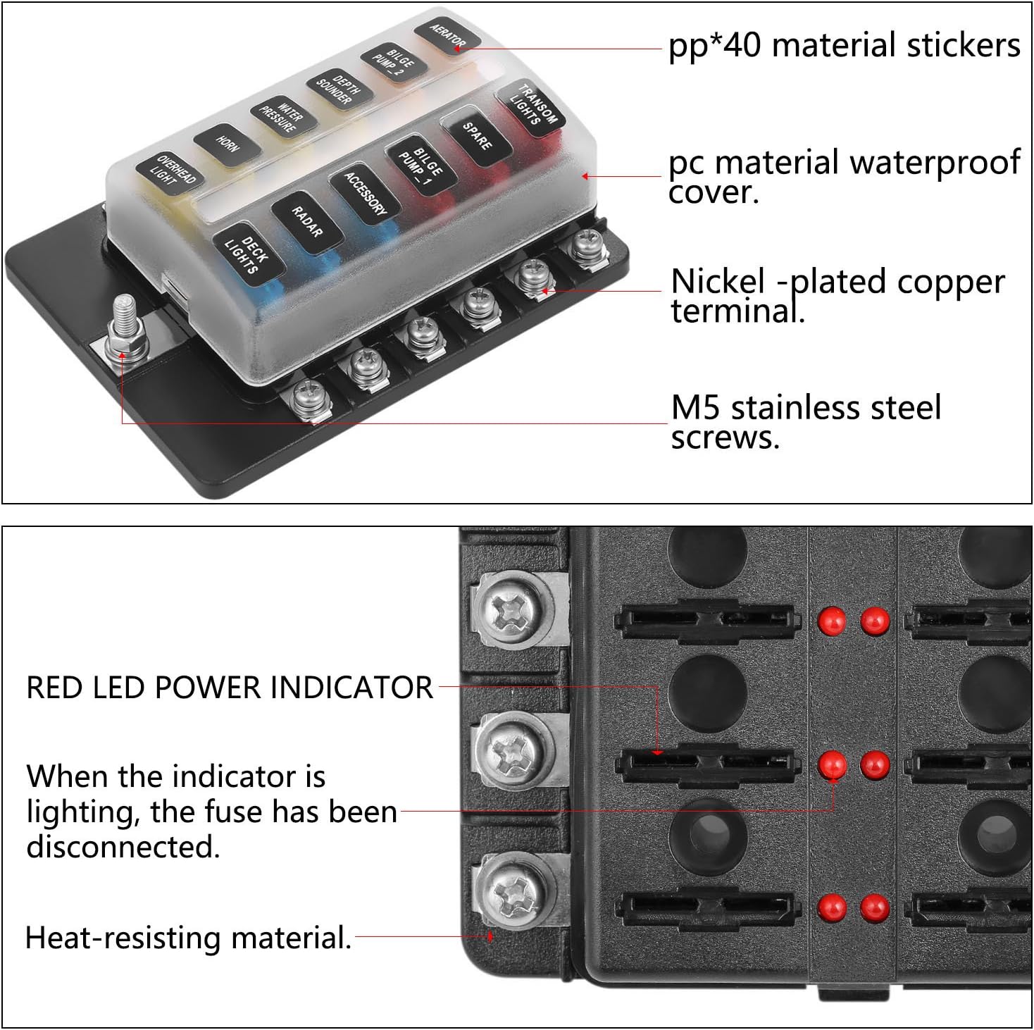 Blade Fuse Block Box Holder 12 Way with LED Indicator for Blown Fuse Suitable for Automotive Marine Boats Weiruixin (12way)