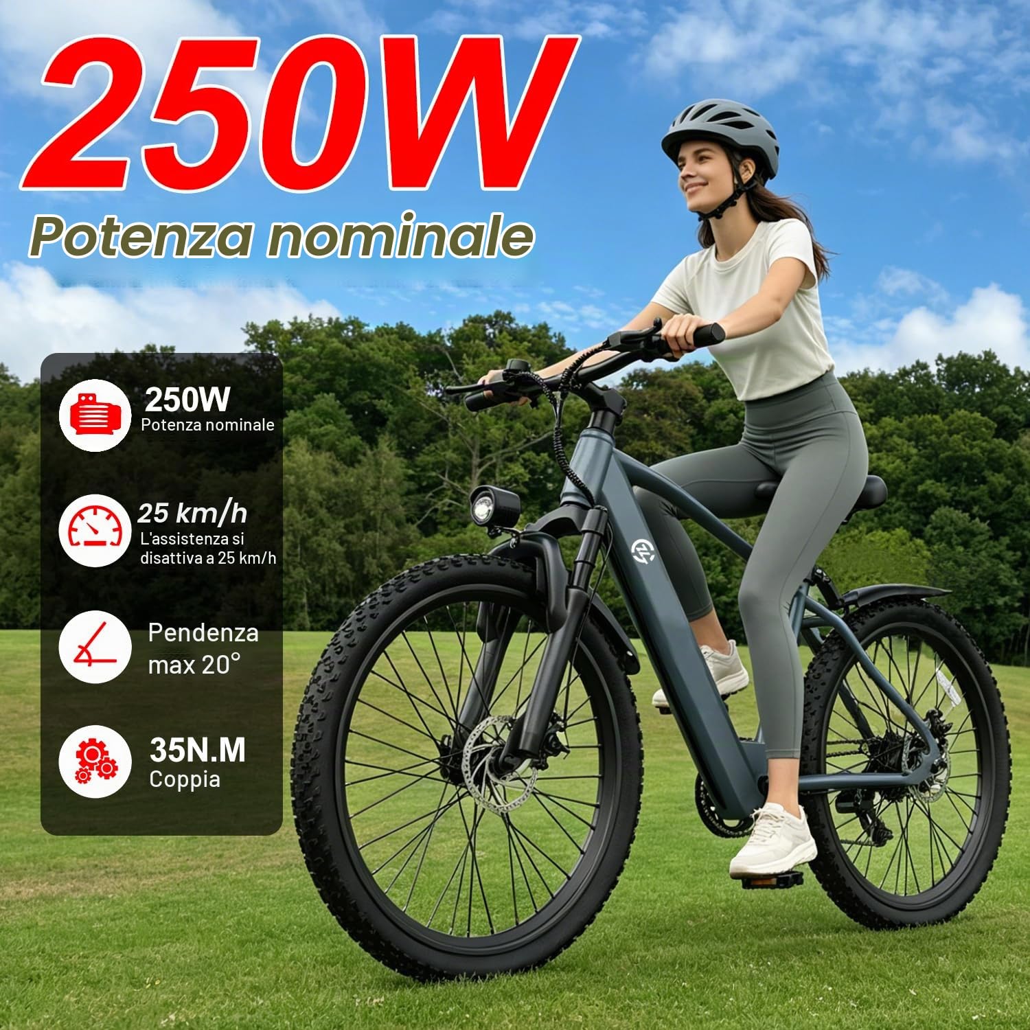 Bicicletta elettrica da mountain bike L26, dotata di motore da 250 W, batteria da 36 V e 10,4 Ah, velocità massima di 25 km/h, sospensione anteriore, cambio a 7 velocità e freni a disco meccanici