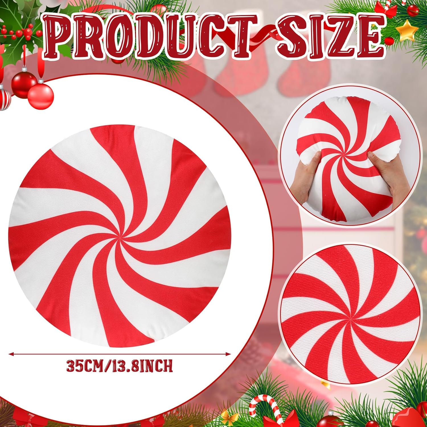 Kigley 3 Pcs Christmas Candy Cane Throw Pillow Red White Round Spiral Lollipop Pillow Xmas Home Gift Set for Bedroom Bed Sofa Bench Couch Chair Cushion Holiday Decoration, 13.8 Inch