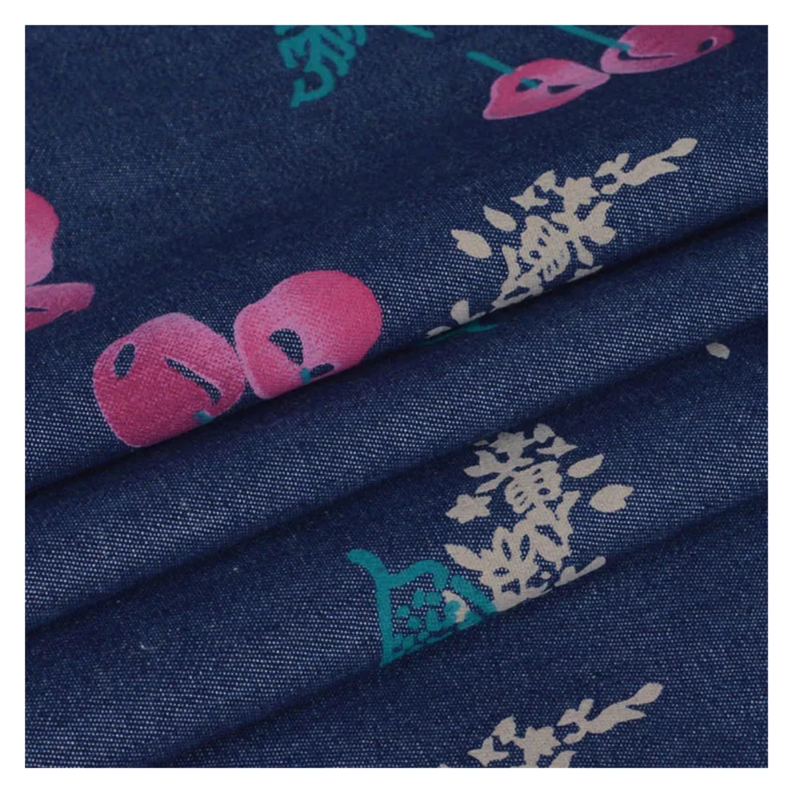 Summer Thin Non Elastic Blended Printed Denim Fabric for Quilting Sewing Clothes Skirt per Half Meter(Cherry)