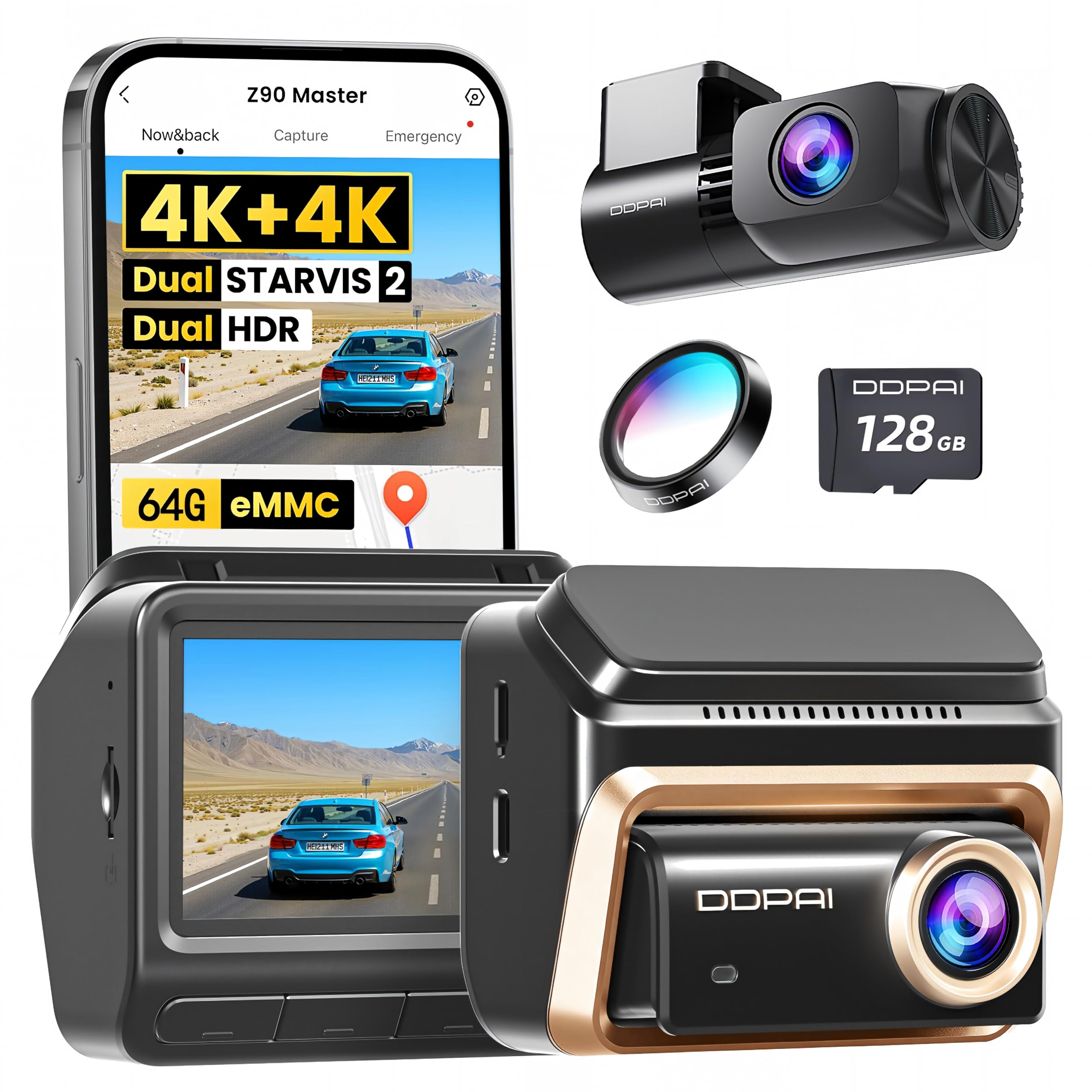 DDPAI Z90 Master Dashcam Dual 4K+4K, Dual STARVIS 2 HDR (2X IMX678), 64GB eMMC, CPL Incluido, Noche+Anti-Parpadeo, Autopista 3K/60fps, GPS/ADAS, WLAN, 4G LTE, Vigilancia de estacionamiento 24h