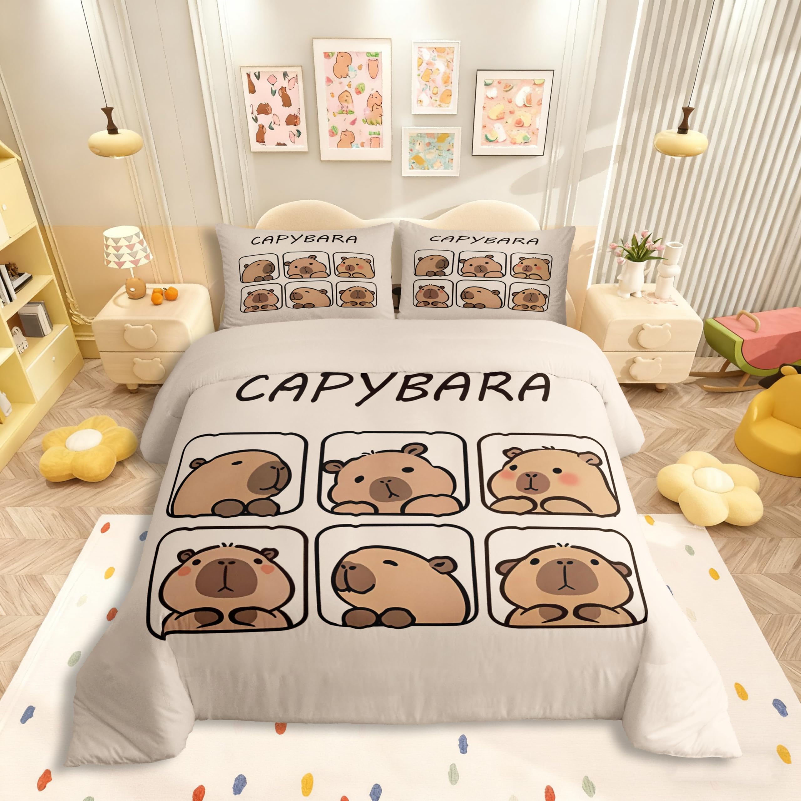 Capybara parure de lit 220x240 cm rustique avec housse de couette animaux et 2 taies