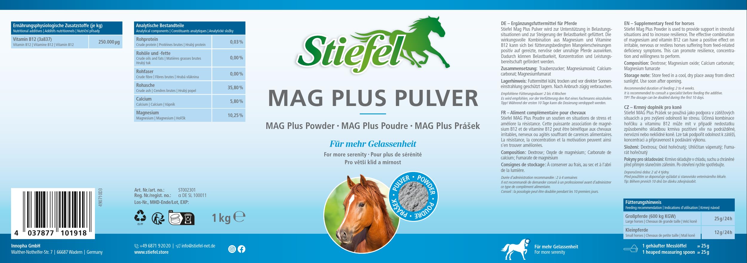 Stiefel MAG Plus para caballos, altas dosis de magnesio, puede tener un efecto positivo en caballos inquietos y apoyar en situaciones de estrés, con vitamina B12, polvo, 1 kg