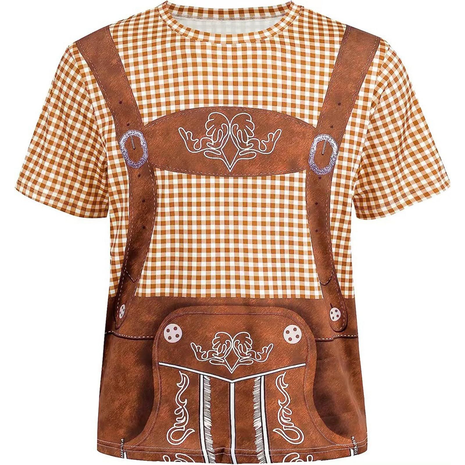 Adult Ladies Oktoberfest Beer Girl Bavarian Fancy Dress Costume Short Sleeve Crew Neck Plaid Print Oktoberfest Light Brown Tee Shirt Top Blouse German Dirndl Blouse Lederhosen Outfit