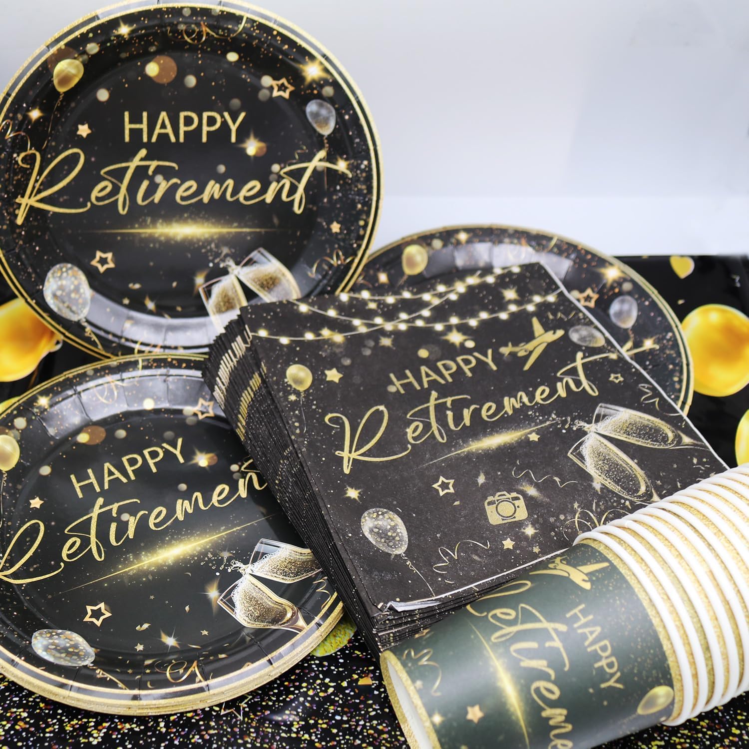Set di 61 stoviglie per feste in pensione, decorazioni per feste di addio, accessori per decorazione per feste in oro, stoviglie in pensione per 20, Happy Farewell, piatti di carta broccato, tazze di