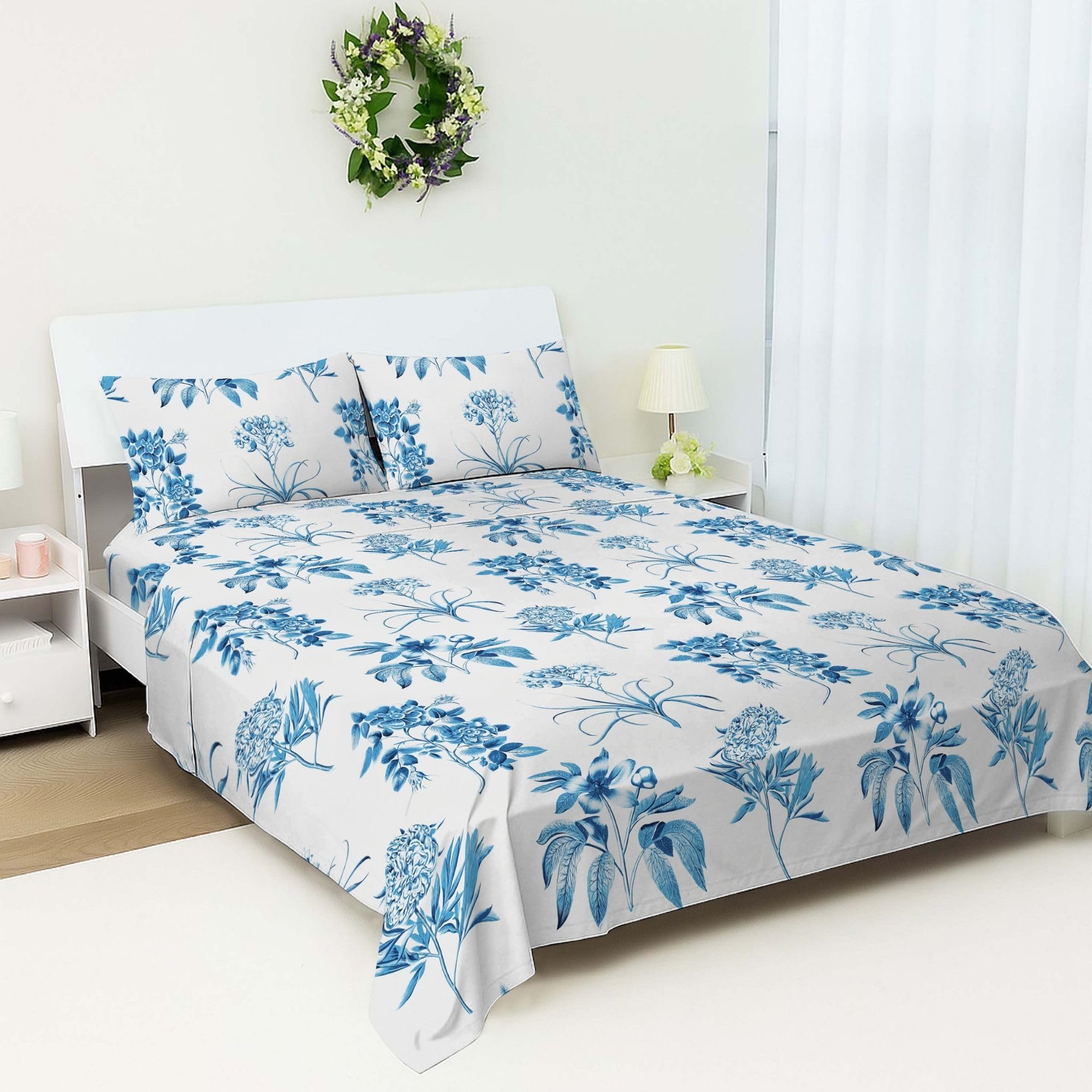 100% Egyptian Cotton Flat Sheet Double Bed 400 Thread Count Luxury Cooling Breathable Floral Printed Top Sheet – Soft Premium Hotel Quality Bed Sheet (230 x 250 cm)