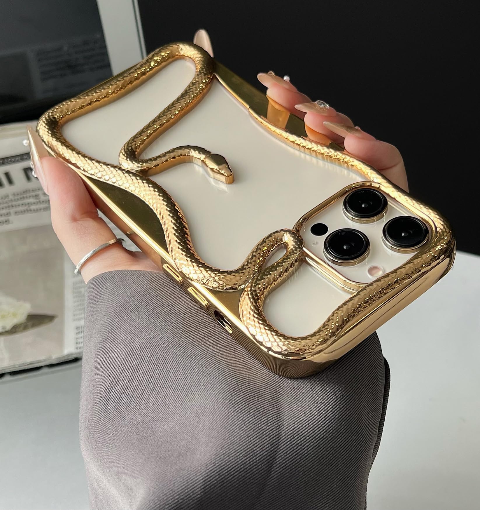 for iPhone 13 Pro Frame Case,Luxury Fashion Unique 3D Snake Design Cute Slim Bling Frame Bumper Soft TPU Cover for Women Girls Man Phone Skin,Gold